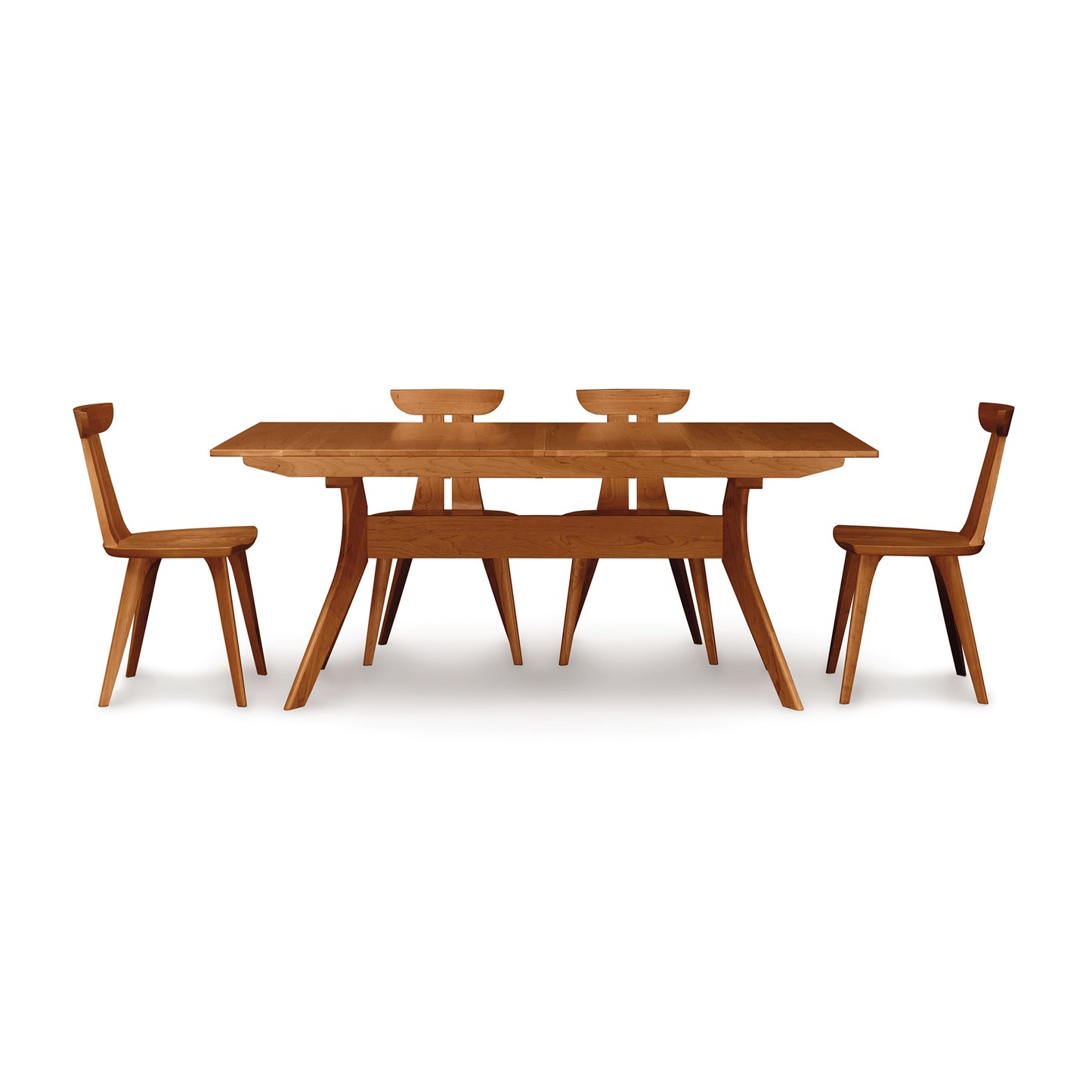 Audrey Extension Dining Table by Copeland Furniture with four matching chairs, handcrafted in Vermont, featuring elegant mid-century modern design.