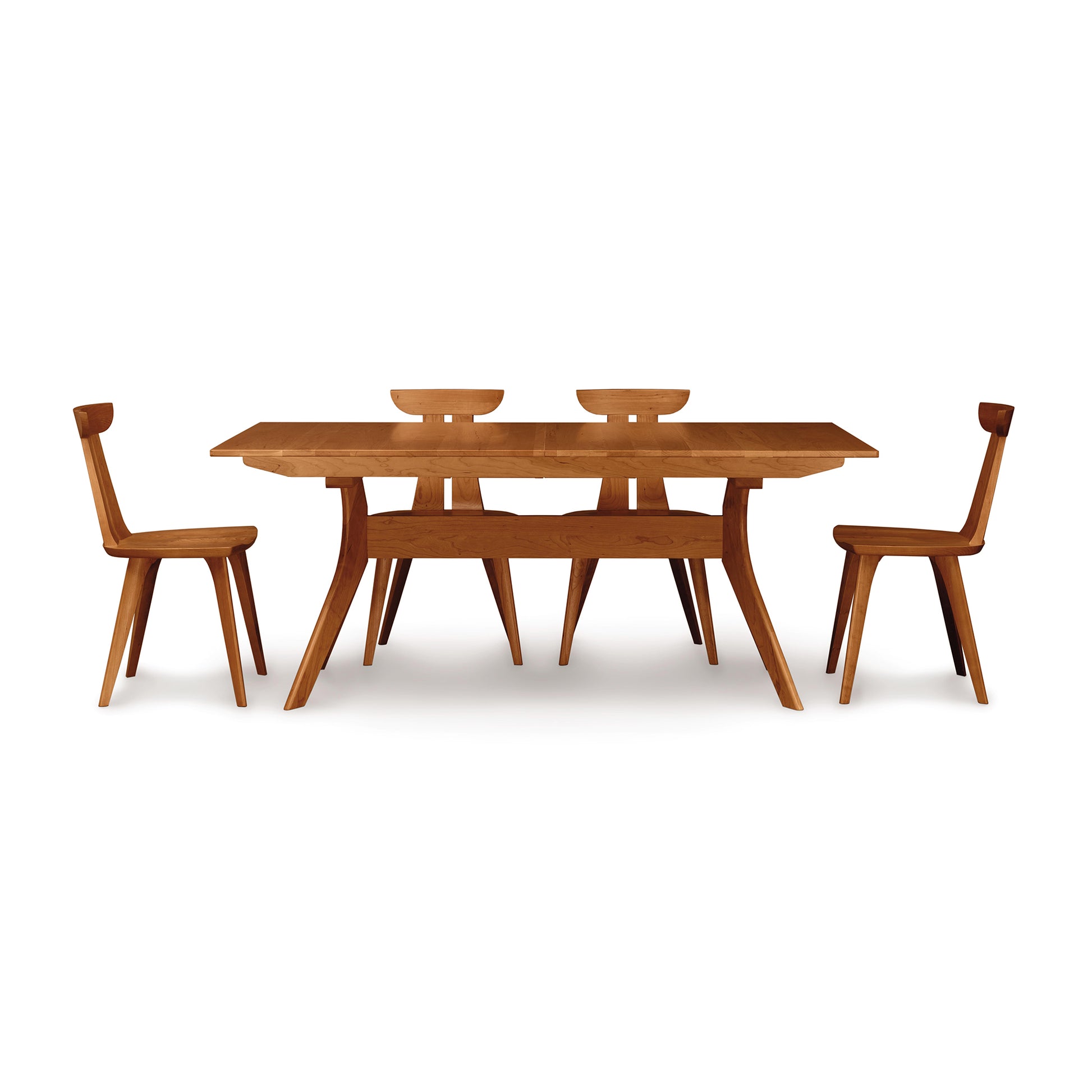 Audrey Extension Dining Table by Copeland Furniture with four matching chairs, handcrafted in Vermont, featuring elegant mid-century modern design.