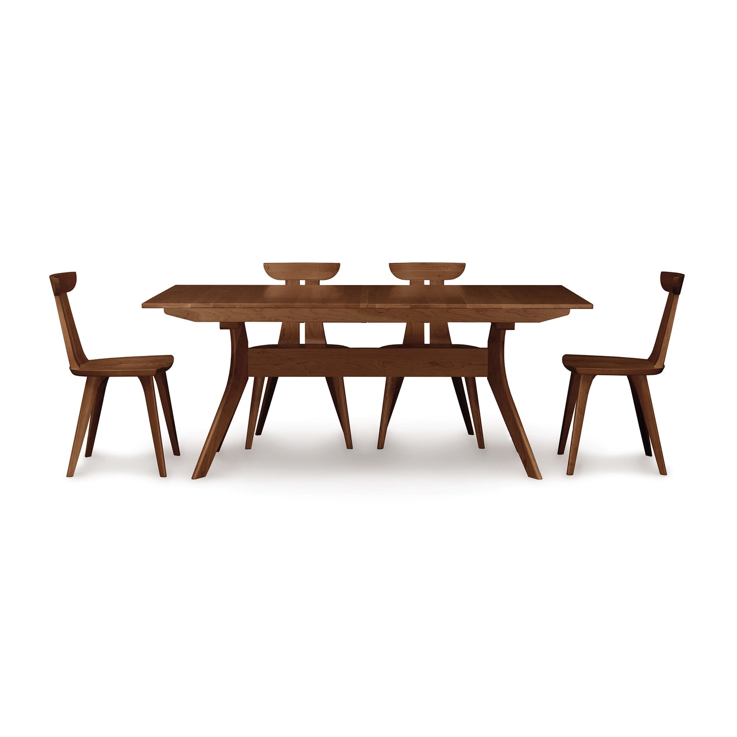 Solid cherry wood Audrey Extension Dining Table with four matching Copeland chairs, showcasing the elegant craftsmanship and design.