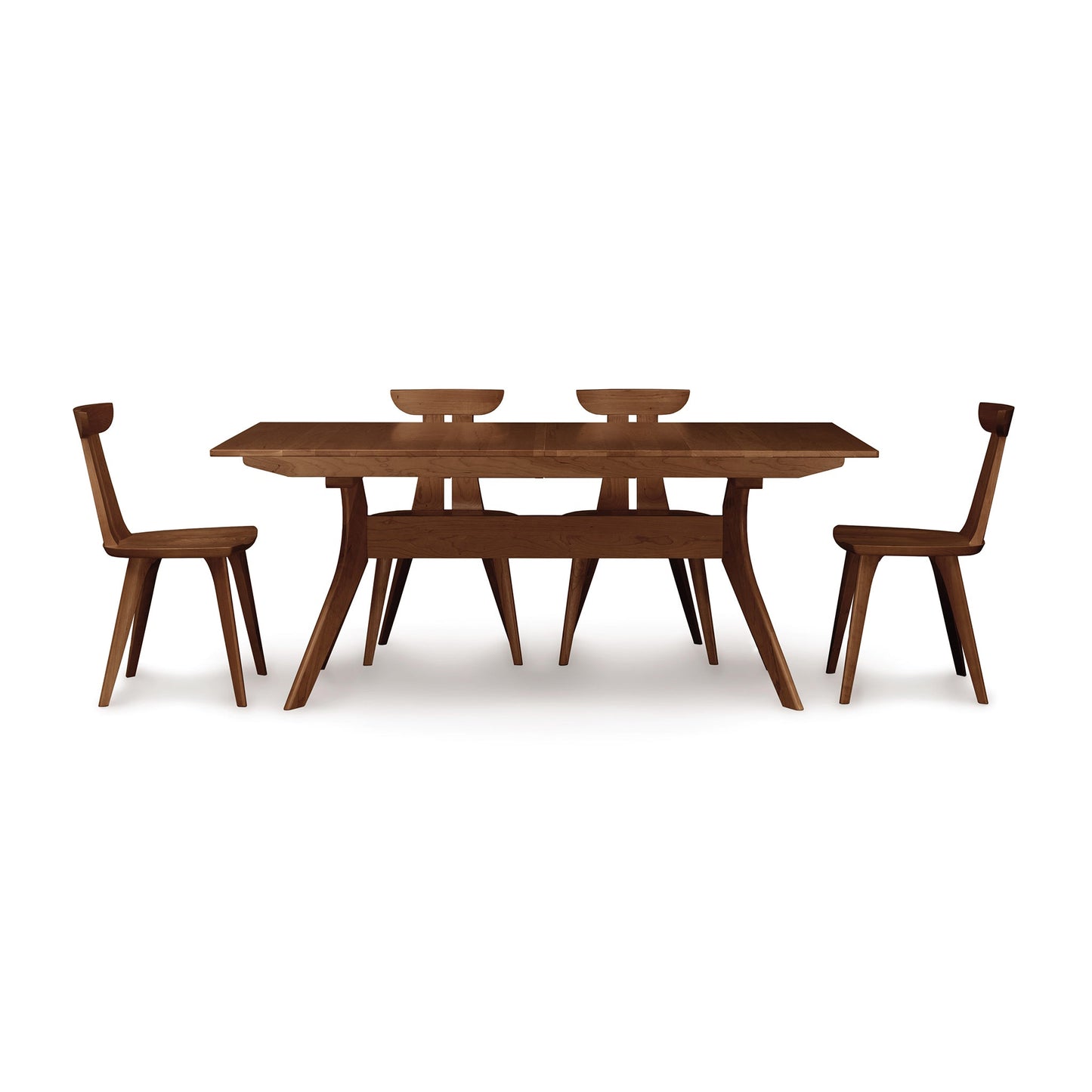 A wooden dining table with four chairs.