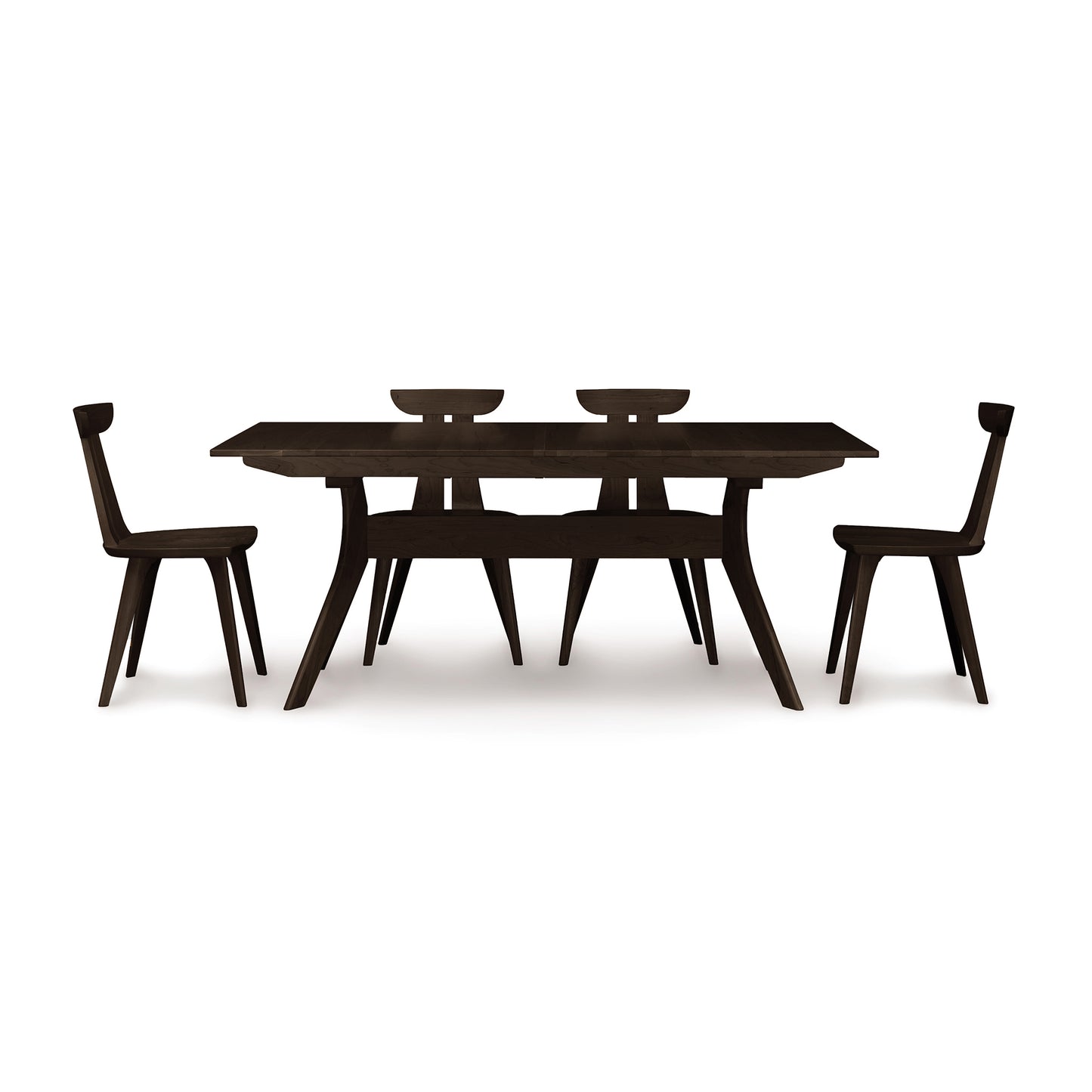 A modern Audrey Extension Dining Table by Copeland Furniture with four matching chairs, isolated on a white background.