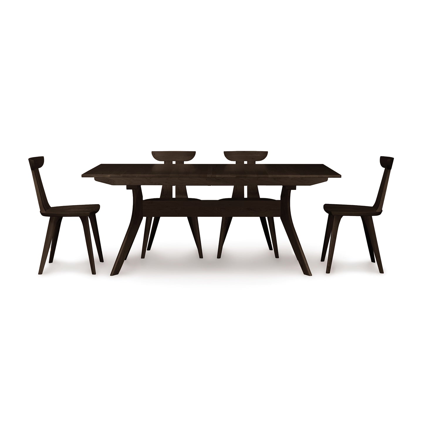 Audrey Extension Dining Table by Copeland Furniture with four angled-leg chairs, showcasing American-made craftsmanship and modern design.