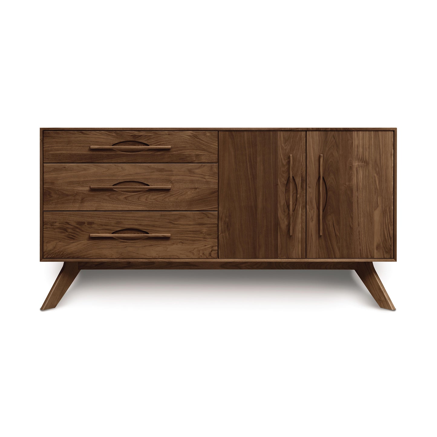 Copeland Furniture Audrey buffet with angled legs, three drawers, and two doors, expertly handcrafted in Vermont from solid wood.