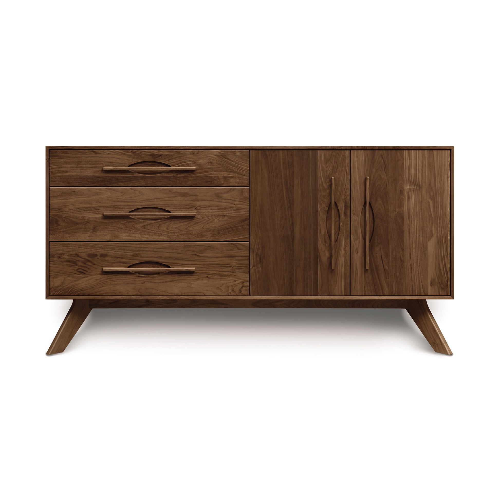 Copeland Furniture Audrey buffet with angled legs, three drawers, and two doors, expertly handcrafted in Vermont from solid wood.