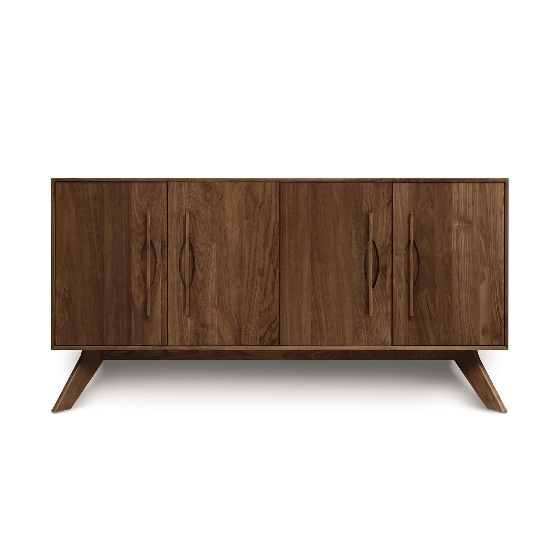 Audrey 4-Door Buffet by Copeland Furniture shown in solid wood with angled legs and vertical handles, highlighting its sleek modern design.