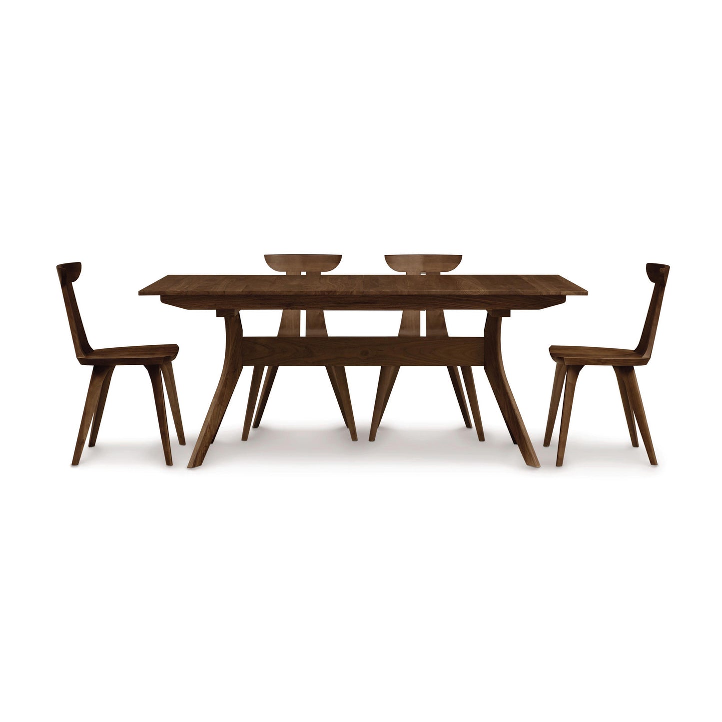 Audrey Extension Dining Table by Copeland Furniture with four matching chairs, featuring elegant hardwood construction and a sleek, modern design.