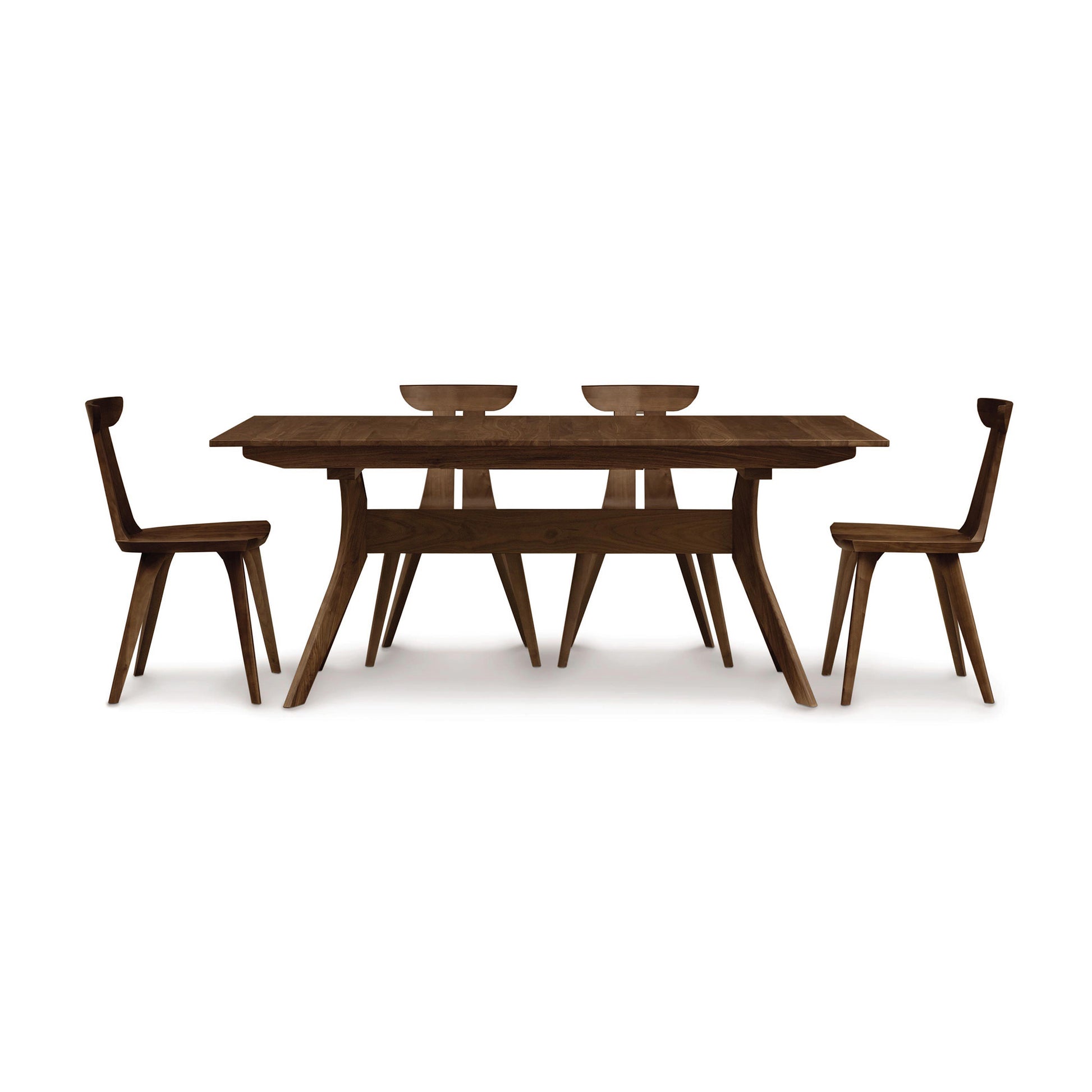 Audrey Extension Dining Table by Copeland Furniture with four matching chairs, featuring elegant hardwood construction and a sleek, modern design.