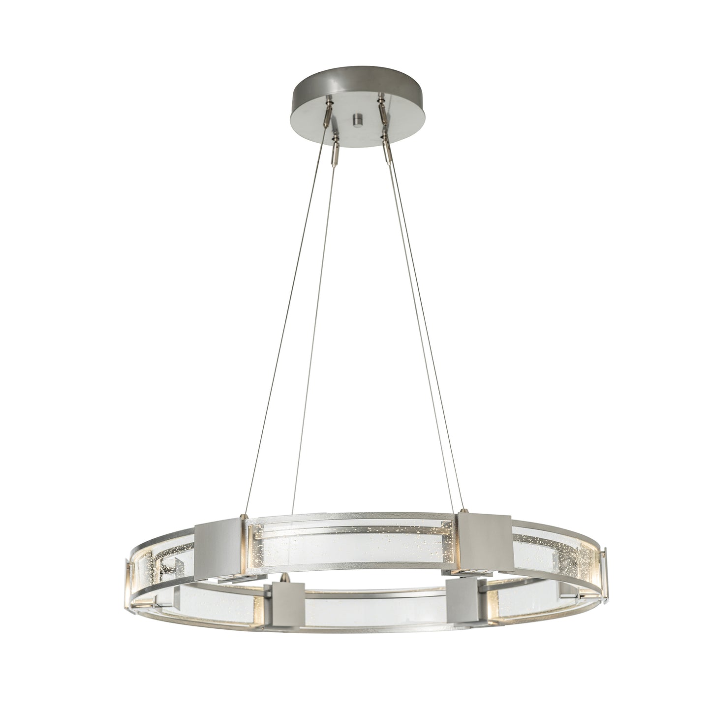 Modern handcrafted Hubbardton Forge Aura Glass Pendant with chrome finish, highlighting geometric design, suspended from four cables.