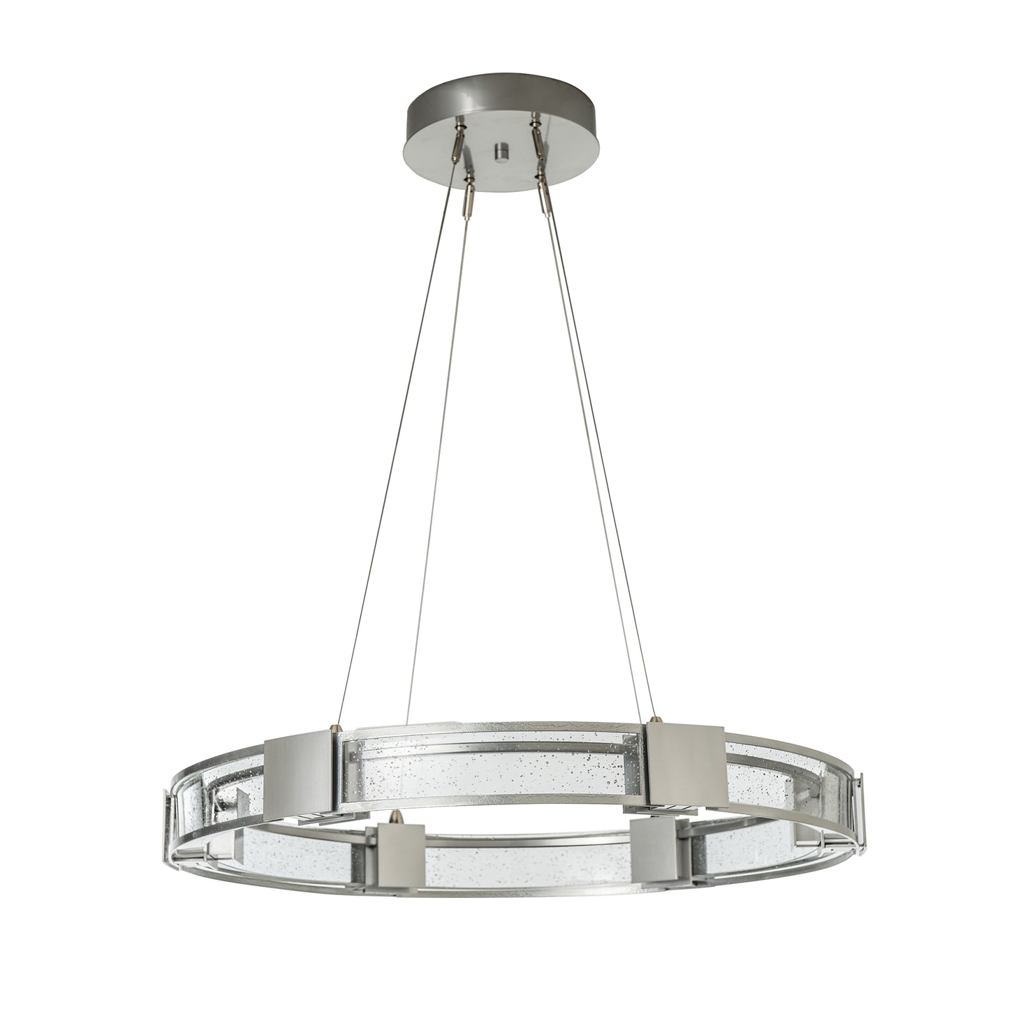 Silver finish Aura Glass Pendant by Hubbardton Forge featuring three cables and a narrow ring design with distinctive square accents.