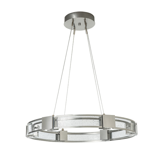 Silver finish Aura Glass Pendant by Hubbardton Forge featuring three cables and a narrow ring design with distinctive square accents.