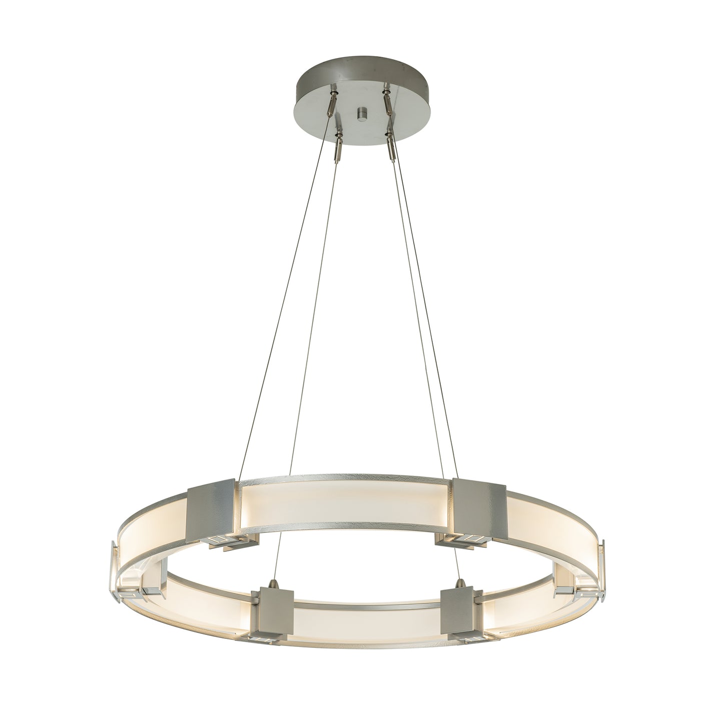 Handcrafted Aura Glass Pendant by Hubbardton Forge featuring a metallic frame and frosted glass, elegantly suspended by four cables.