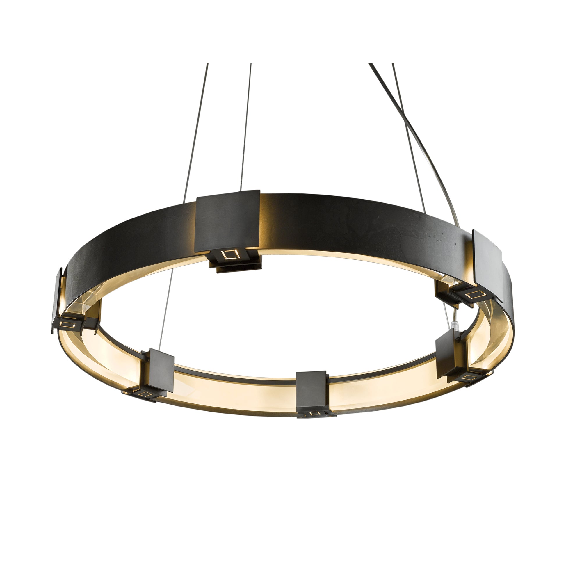 Modern black and gold Aura Pendant chandelier with integrated lighting and geometric accents, handcrafted by Hubbardton Forge in Vermont.