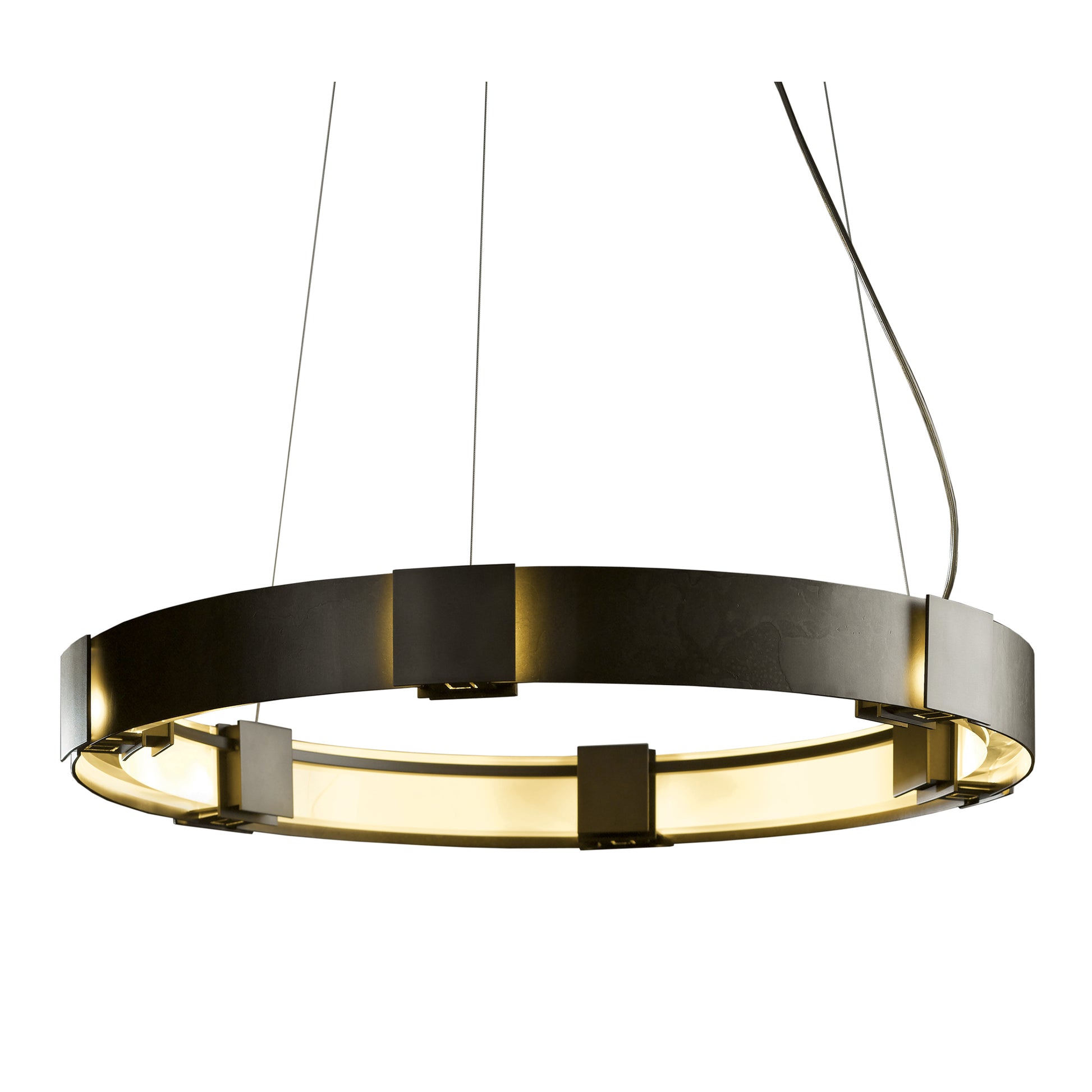 Handcrafted Hubbardton Forge Aura Pendant with a dark frame and glowing inner ring, highlighting its elegant design and craftsmanship.
