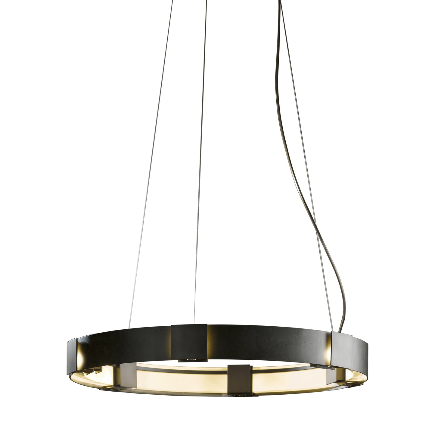 Modern circular Aura Pendant by Hubbardton Forge with a sleek black frame and luminous inner ring, elegantly suspended.