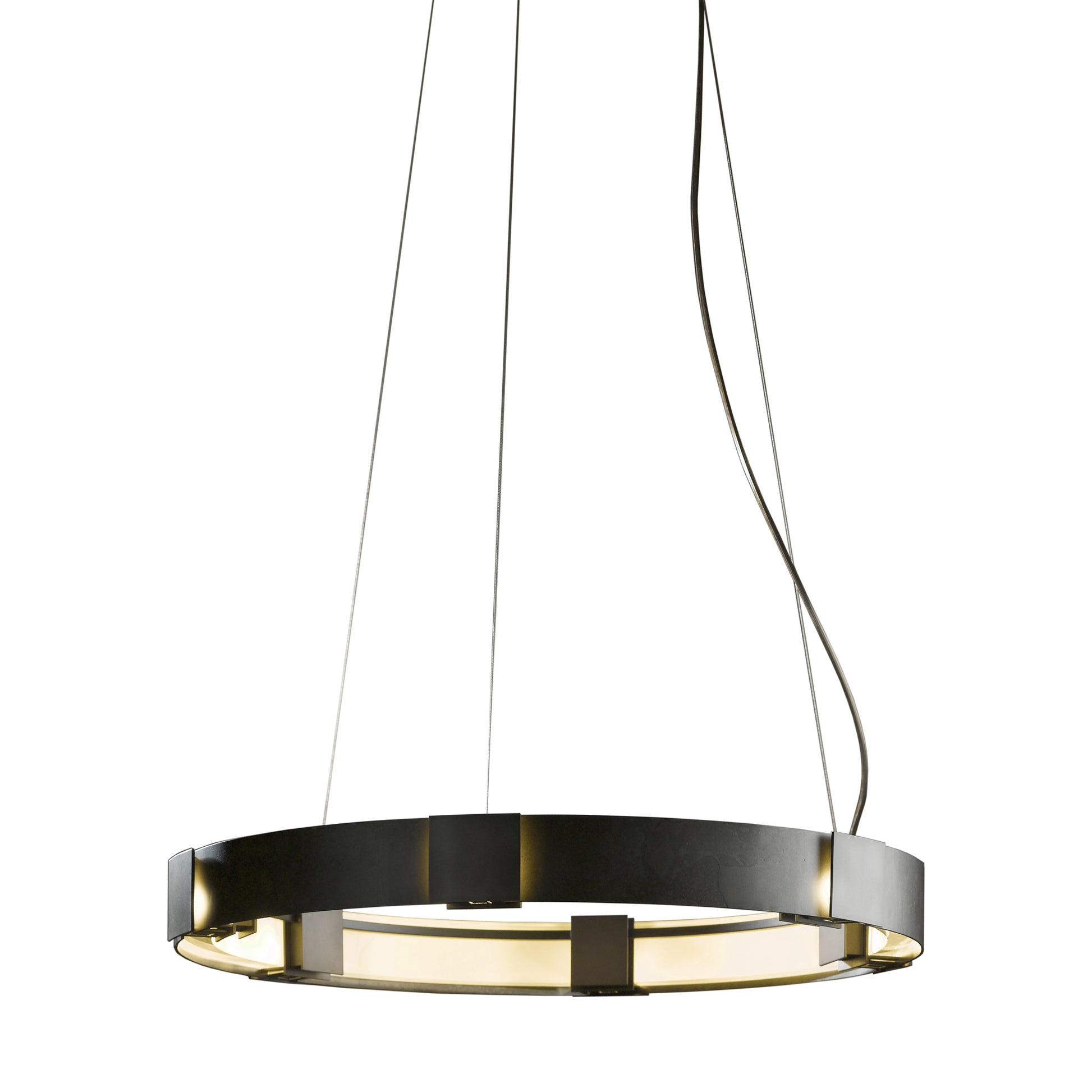 Modern circular Aura Pendant by Hubbardton Forge with a sleek black frame and luminous inner ring, elegantly suspended.