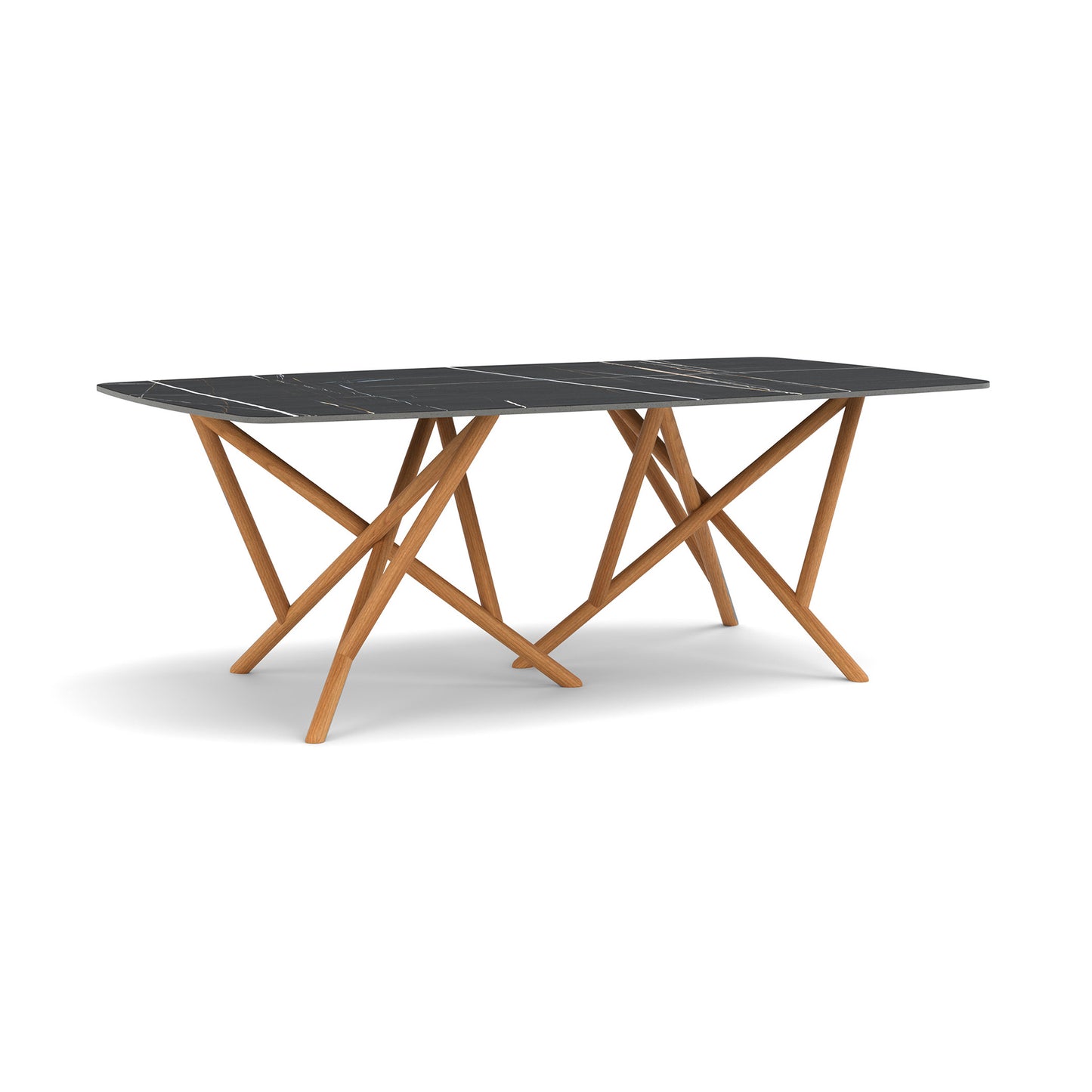 Baton Sintered Stone Boat Top Table by Copeland Furniture with a black marble top and intersecting wood legs, showcasing American-made modern design.