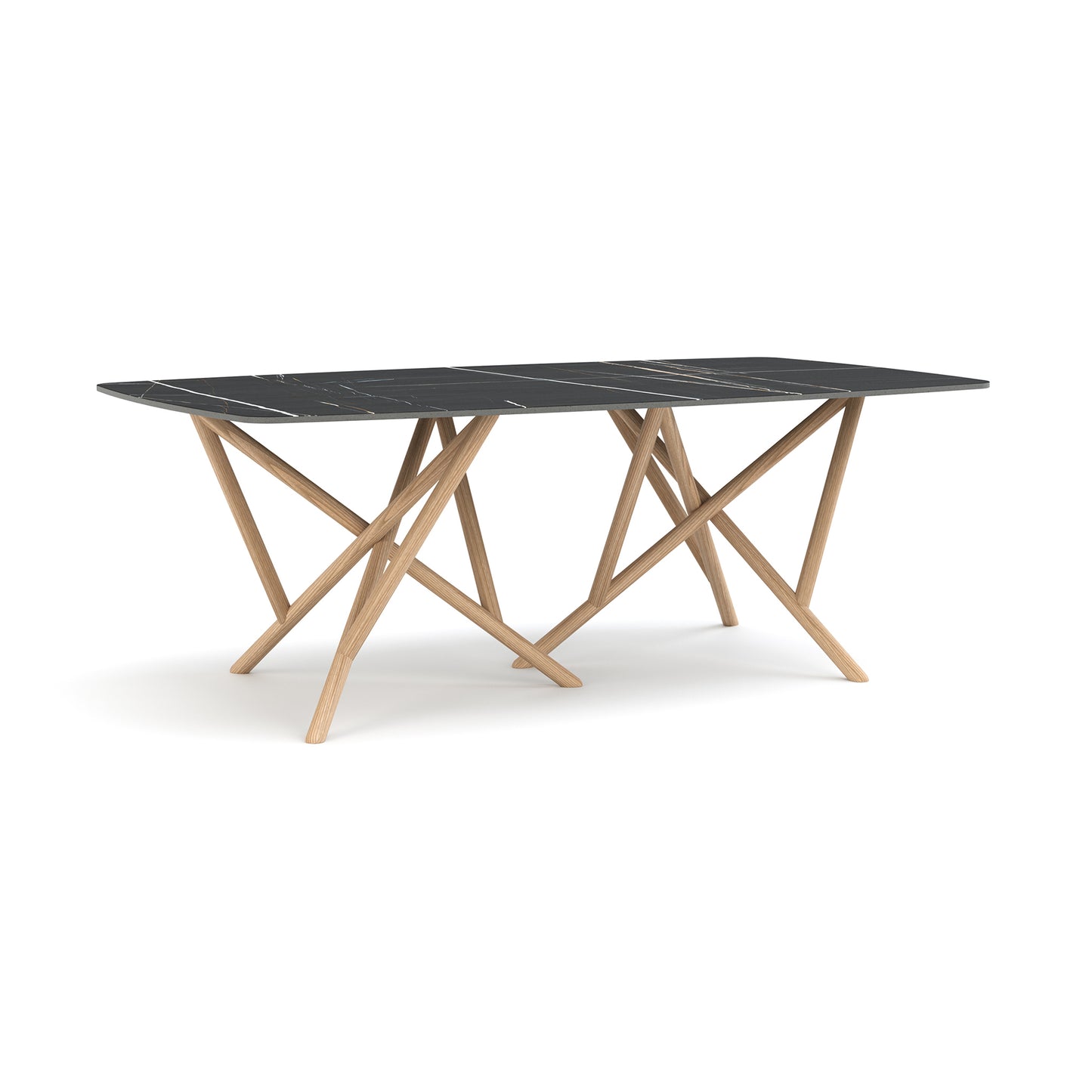 Baton Sintered Stone Boat Top Table by Copeland Furniture with a black marble top and geometric light wood legs, American made artisan craftsmanship.