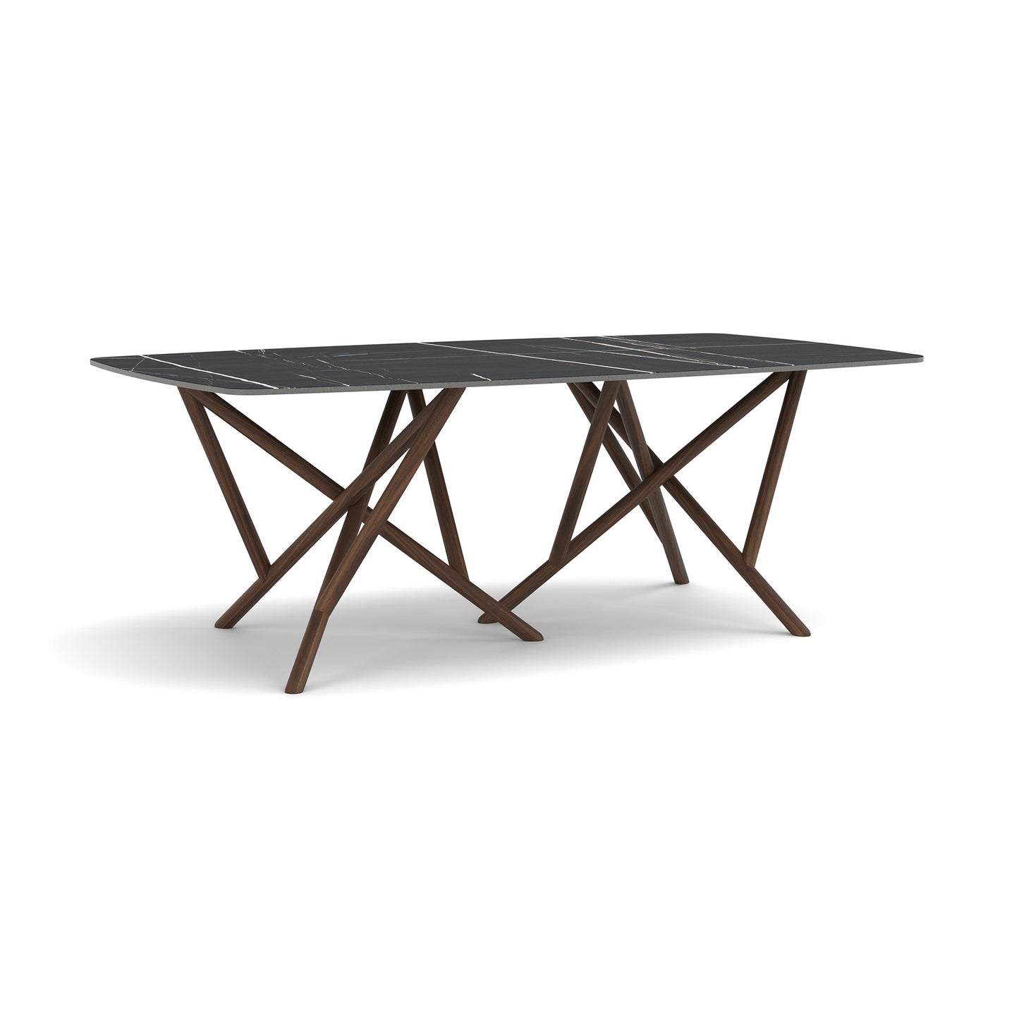 Baton Sintered Stone Boat Top Table by Copeland Furniture with a sleek black marble top and distinctive angular wooden legs, American made.