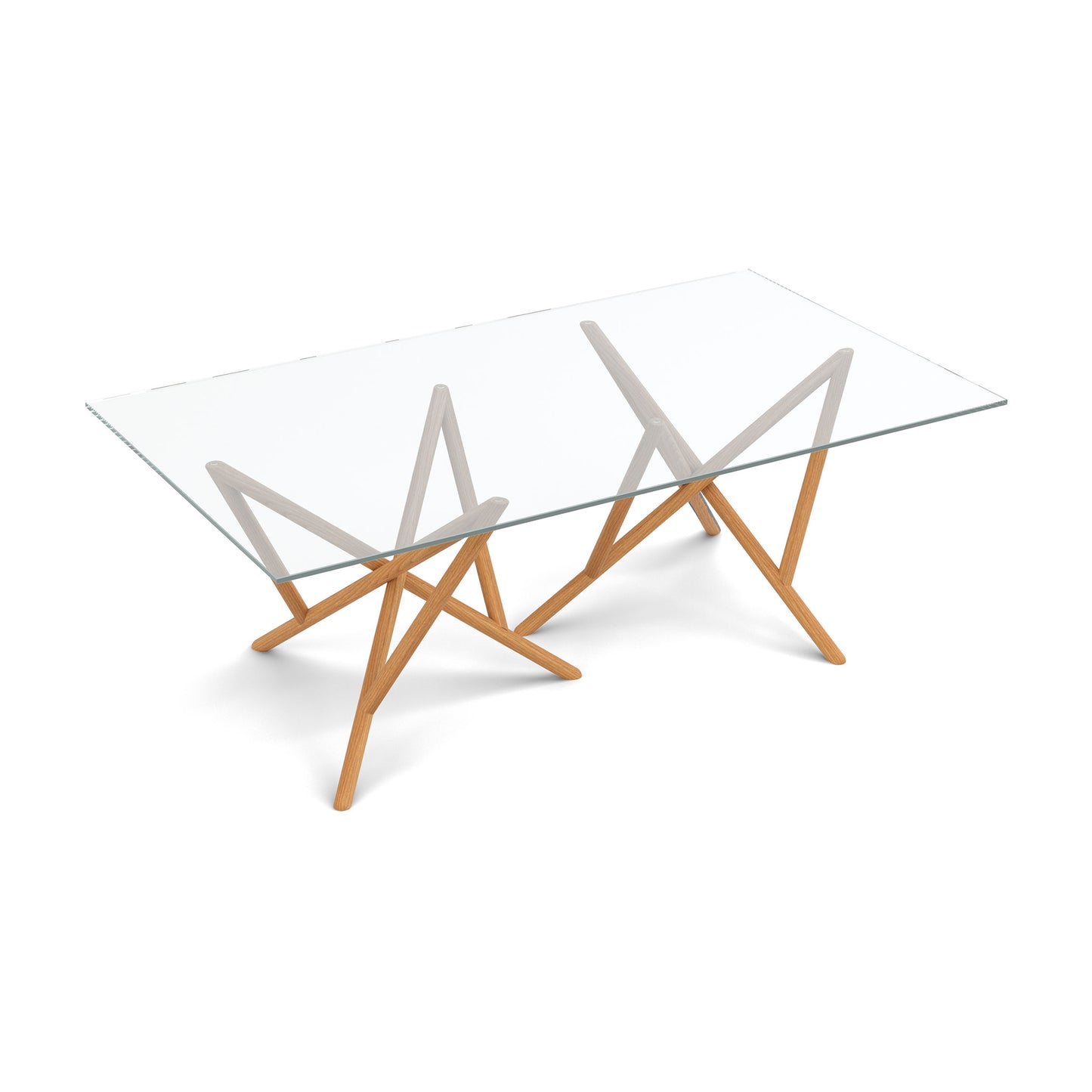 Baton Rectangular Glass Top Table by Copeland Furniture with modern angled crisscross wood legs, expertly crafted and American made.