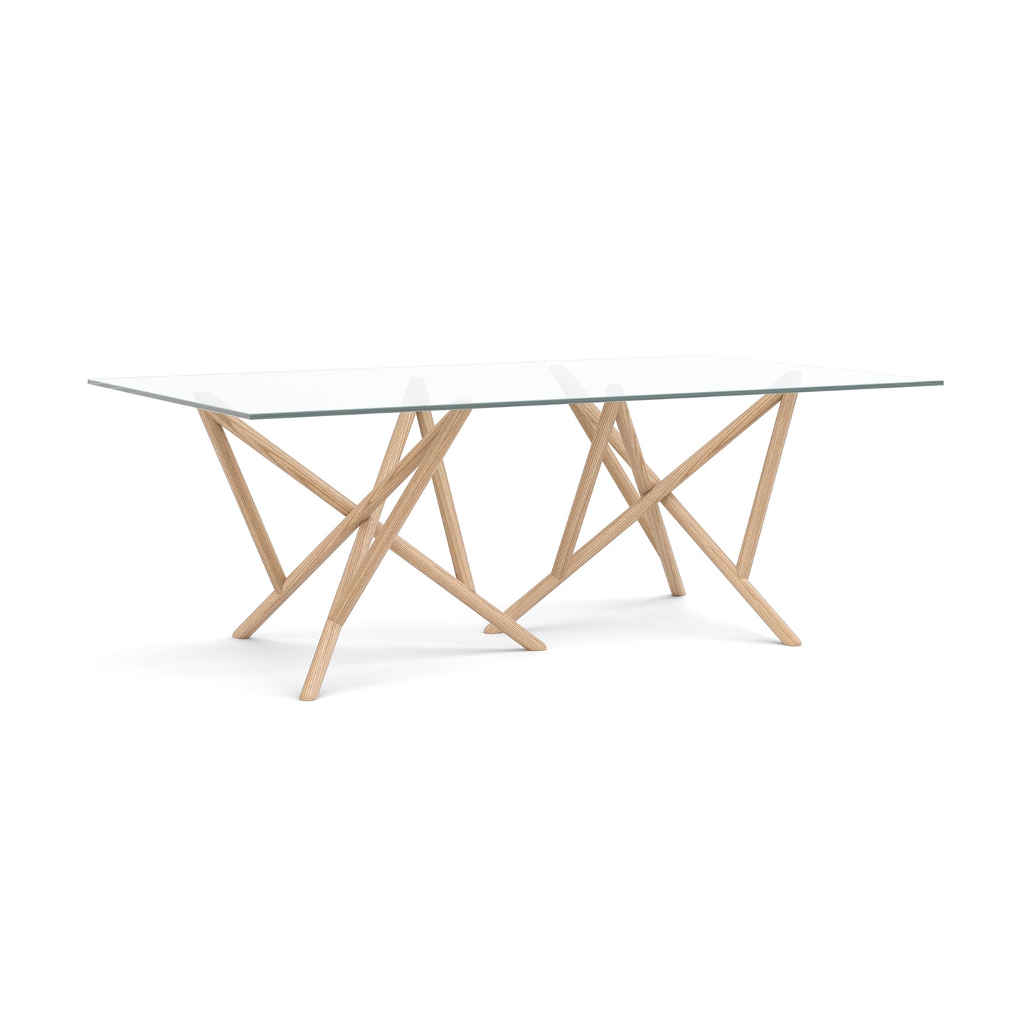 Baton Rectangular Glass Top Table by Copeland Furniture with a modern geometric wood base and clear glass top, American made craftsmanship highlighted.