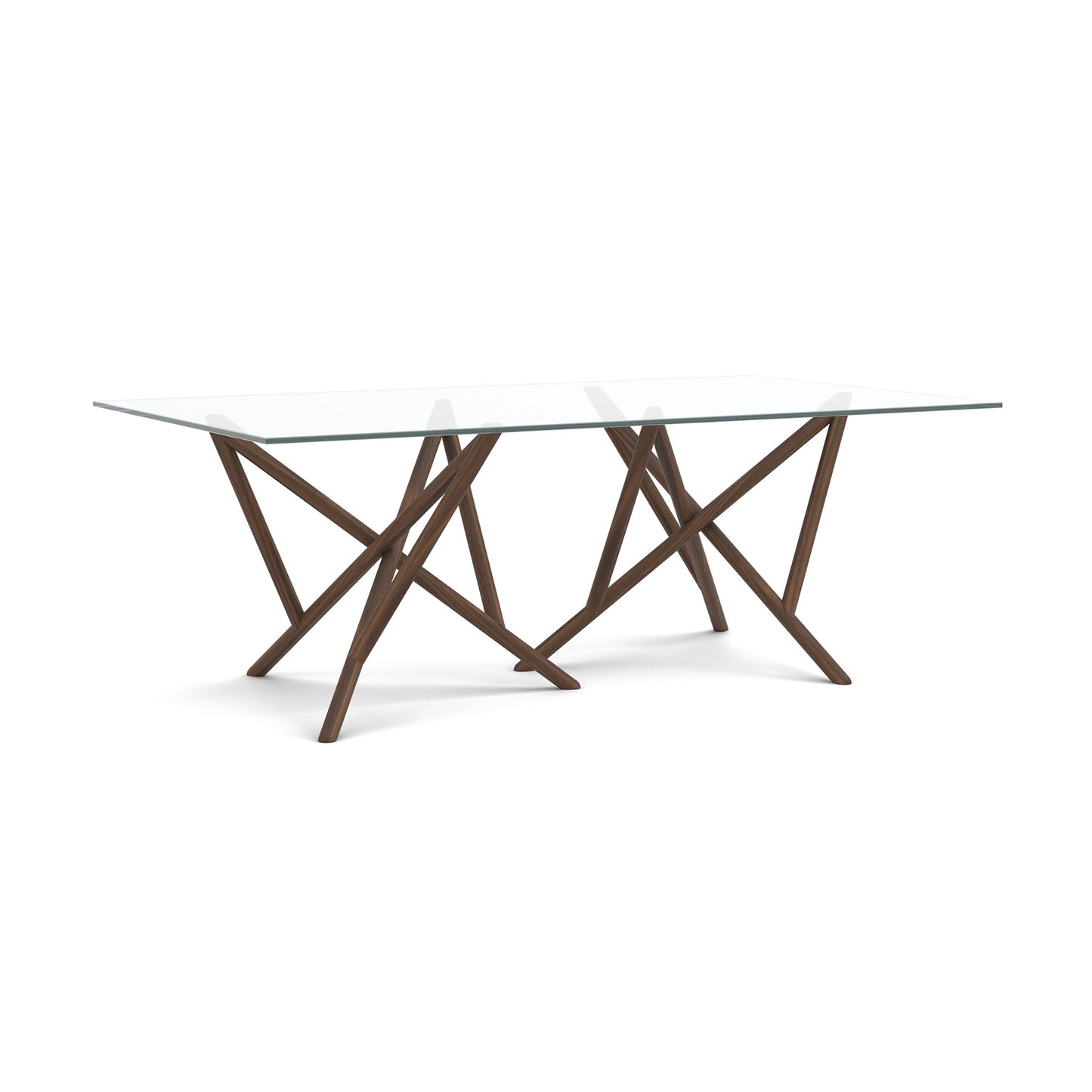 Baton Rectangular Glass Top Table by Copeland Furniture featuring striking intersecting angled legs and a contemporary, handcrafted American wood design.