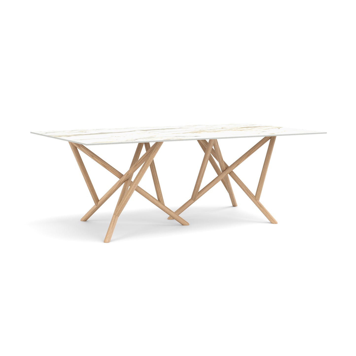 Baton Sintered Stone Top Table by Copeland Furniture featuring a modern rectangular stone surface and light wood crisscross legs, American made.