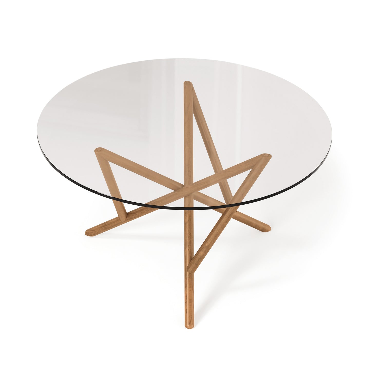 Baton Round Glass Top Table by Copeland Furniture, with a striking geometric wooden base and elegant round glass top, American made quality.