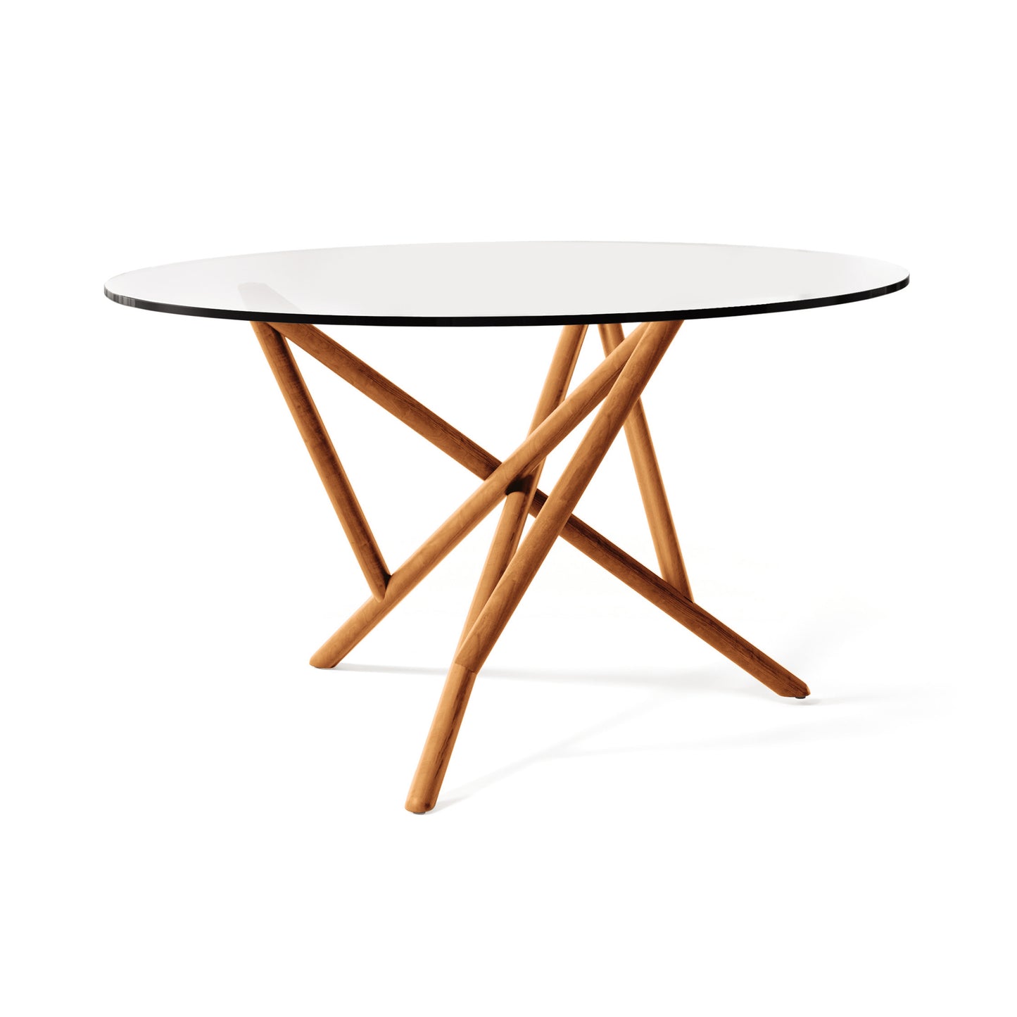 Copeland Furniture Baton Round Glass Top Table with striking geometric wooden base, expertly crafted in America from the Baton Dining Collection.