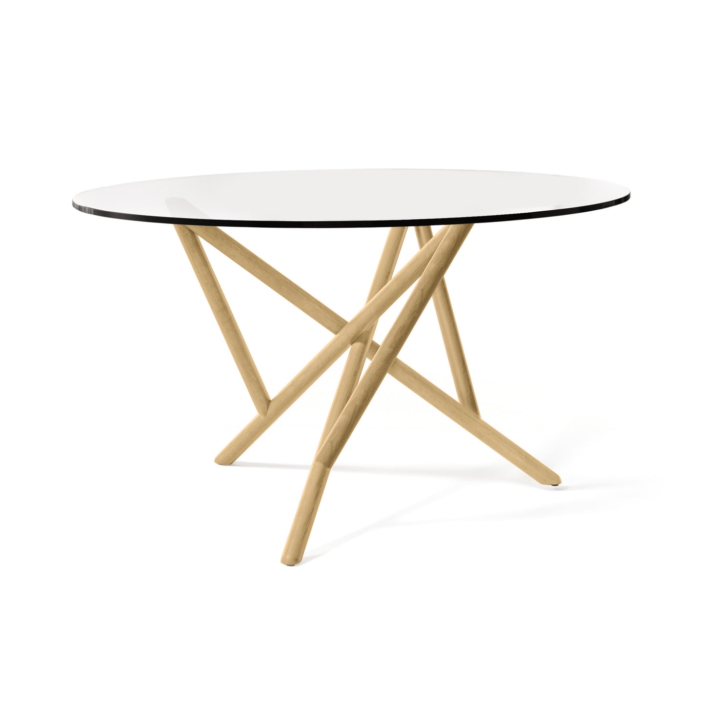 Baton Round Glass Top Table by Copeland Furniture with a clear glass top and modern intersecting solid wood legs, crafted in Vermont.