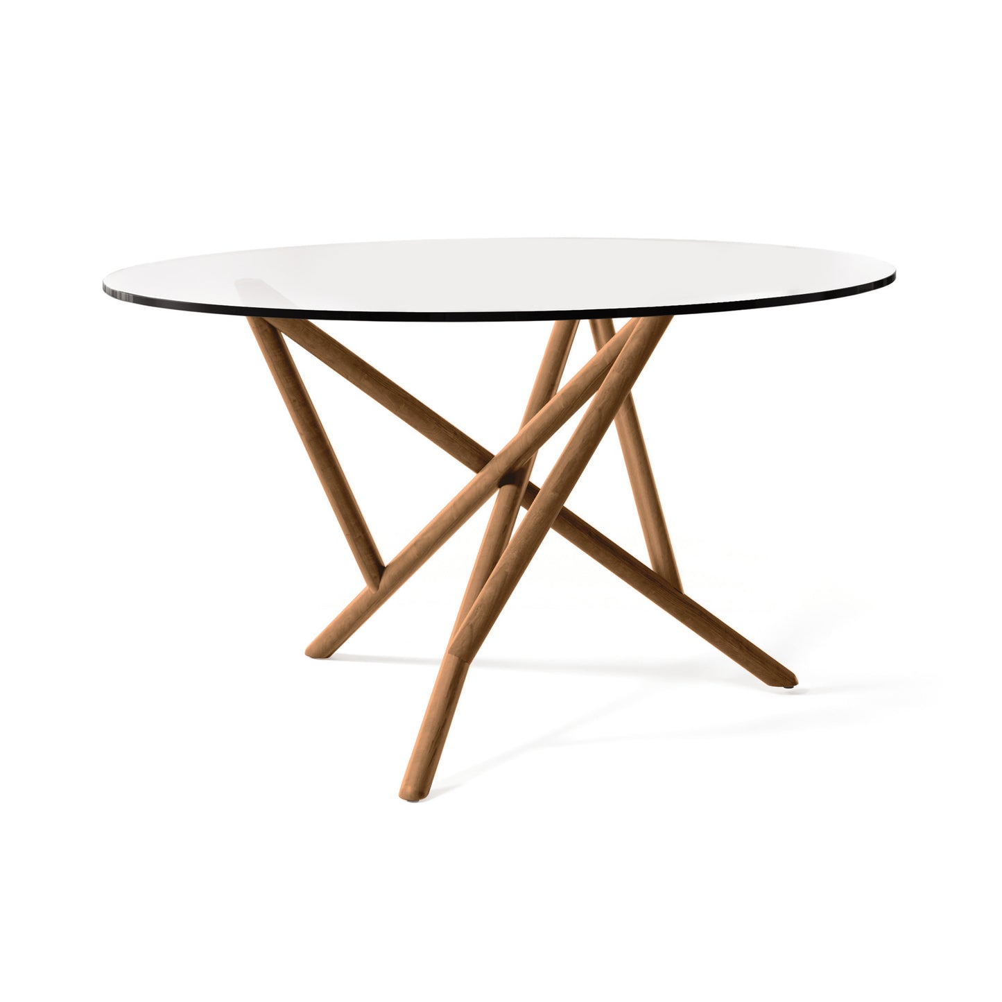 Baton Round Glass Top Table by Copeland Furniture with angled wooden legs in a bold geometric design, handcrafted in Vermont from premium American wood.