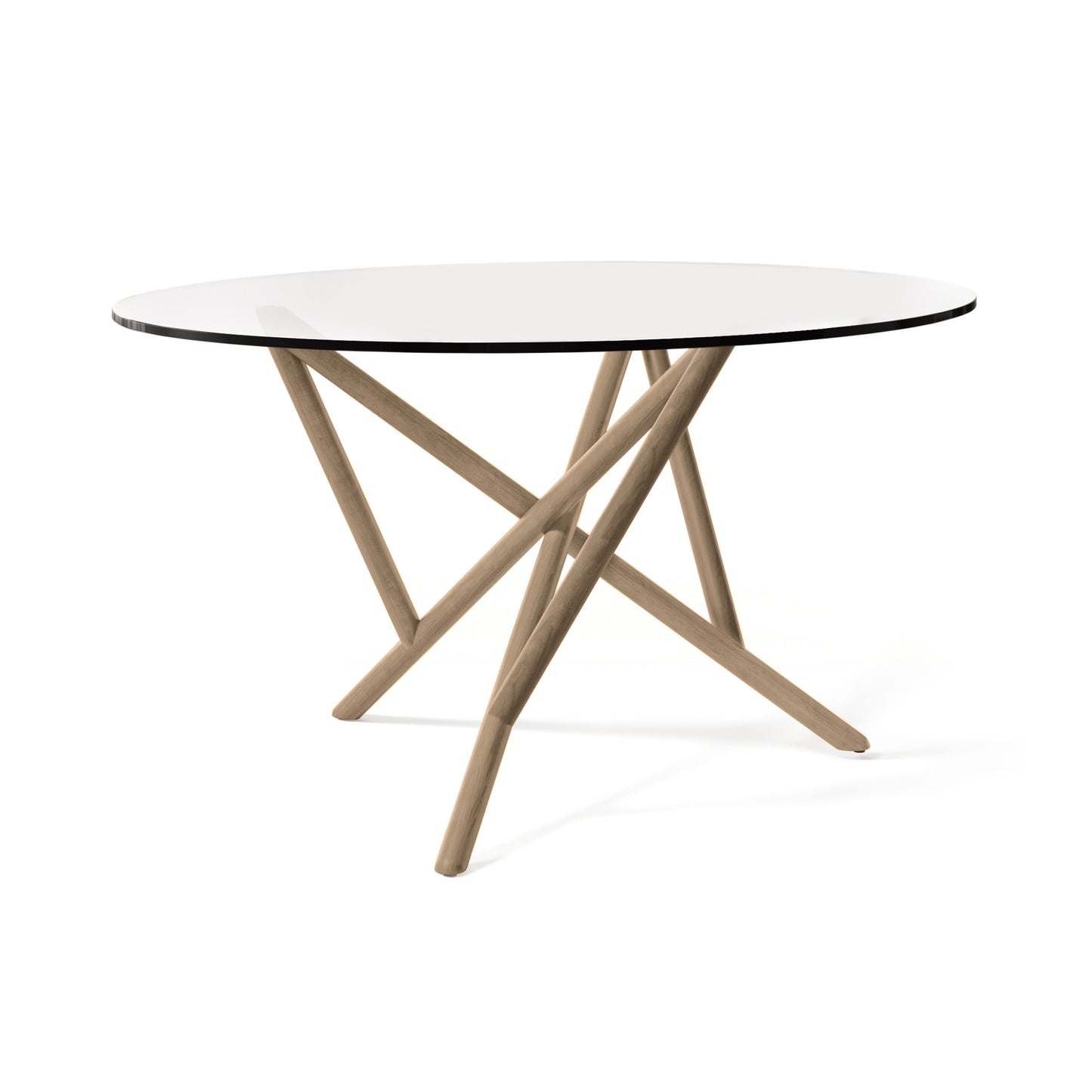 Baton Round Glass Top Table by Copeland Furniture with intersecting natural wood legs in a striking geometric pattern, handcrafted in Vermont.