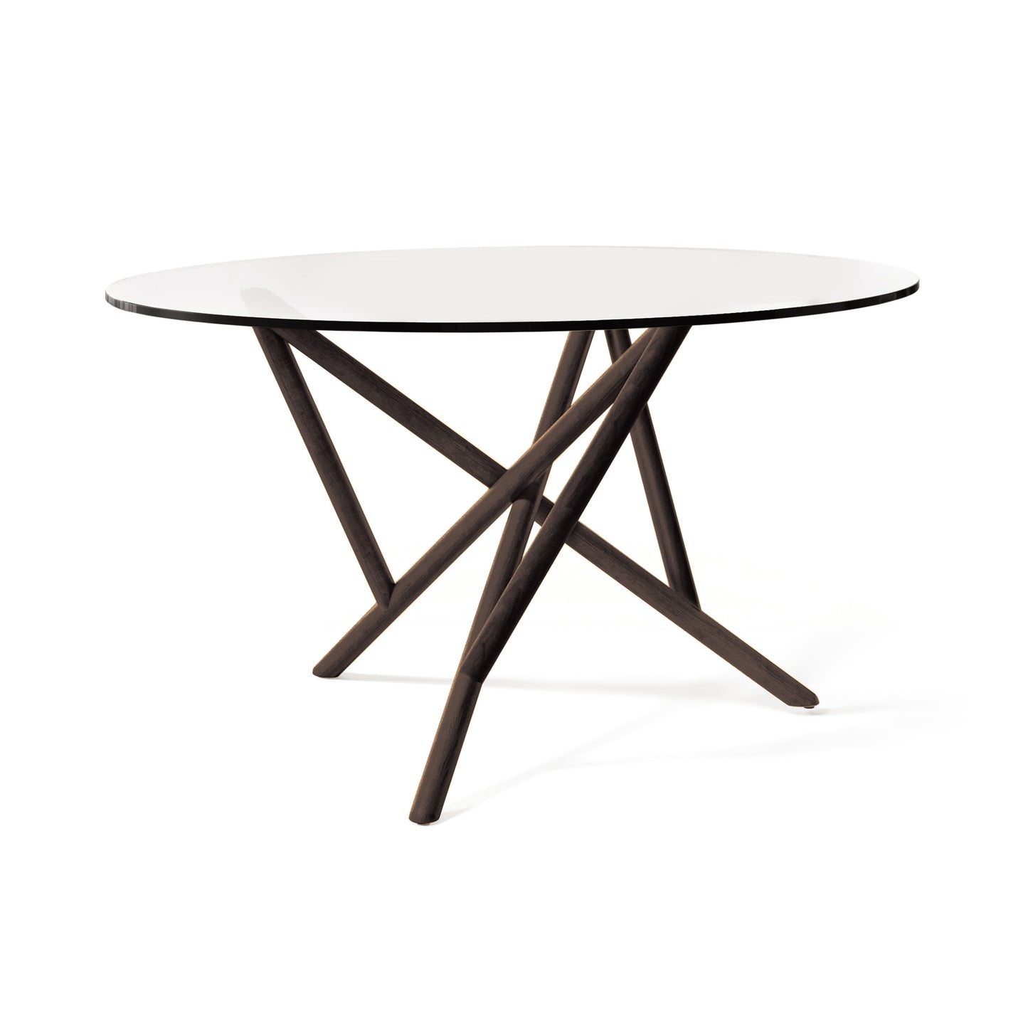 Baton Round Glass Top Table by Copeland Furniture with elegant intersecting angled wooden legs, showcasing American made craftsmanship.