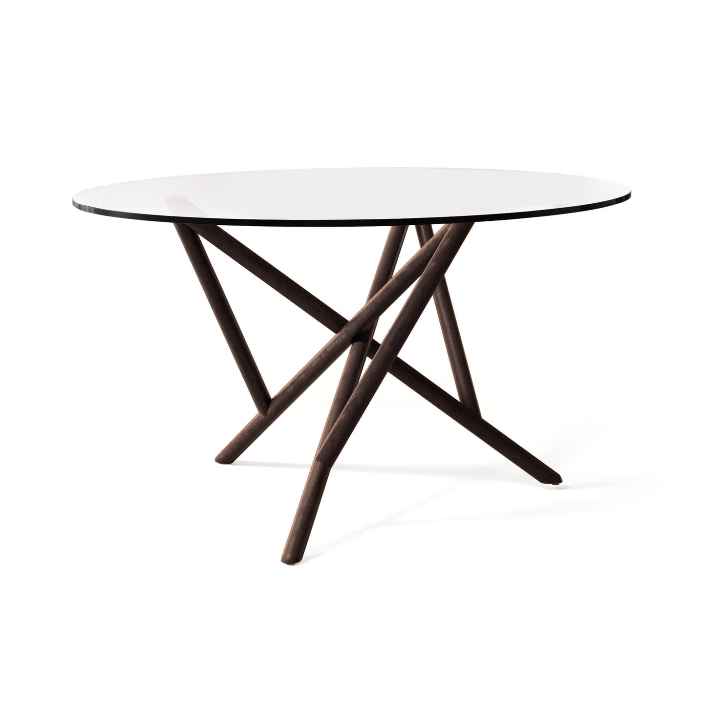 Baton Round Glass Top Table by Copeland Furniture featuring a smooth glass top and striking intersecting solid wood base, American made.