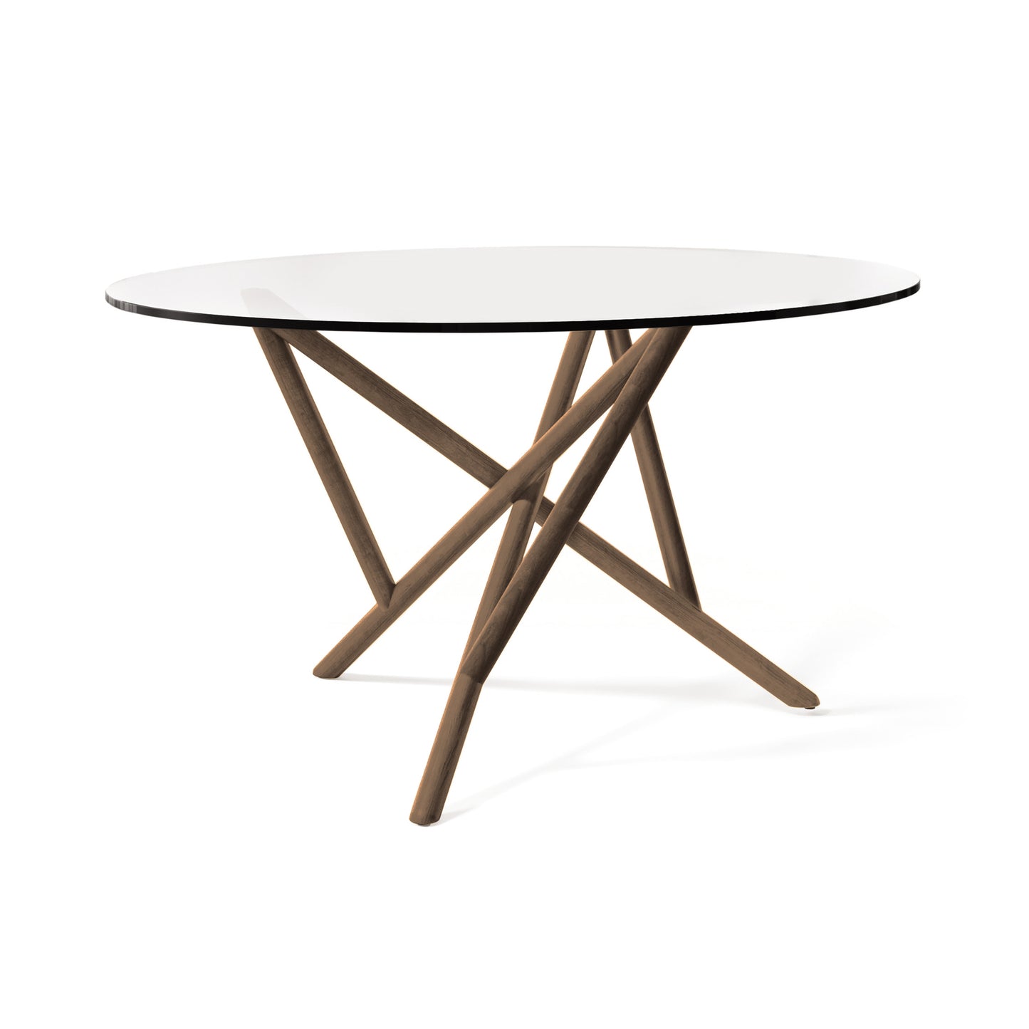 Baton Round Glass Top Table by Copeland Furniture with intersecting solid wood legs and elegant glass surface, handcrafted in Vermont.