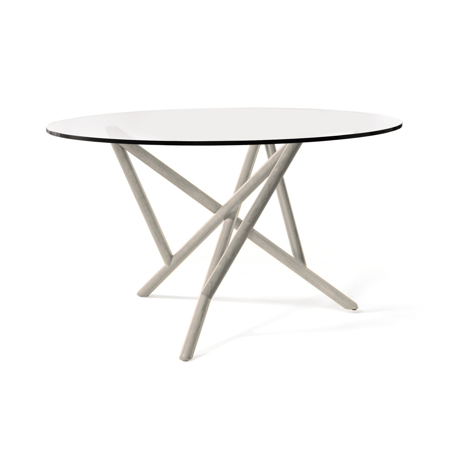Baton Round Glass Top Table by Copeland Furniture with a striking natural wood base and intersecting geometric legs, American made craftsmanship.