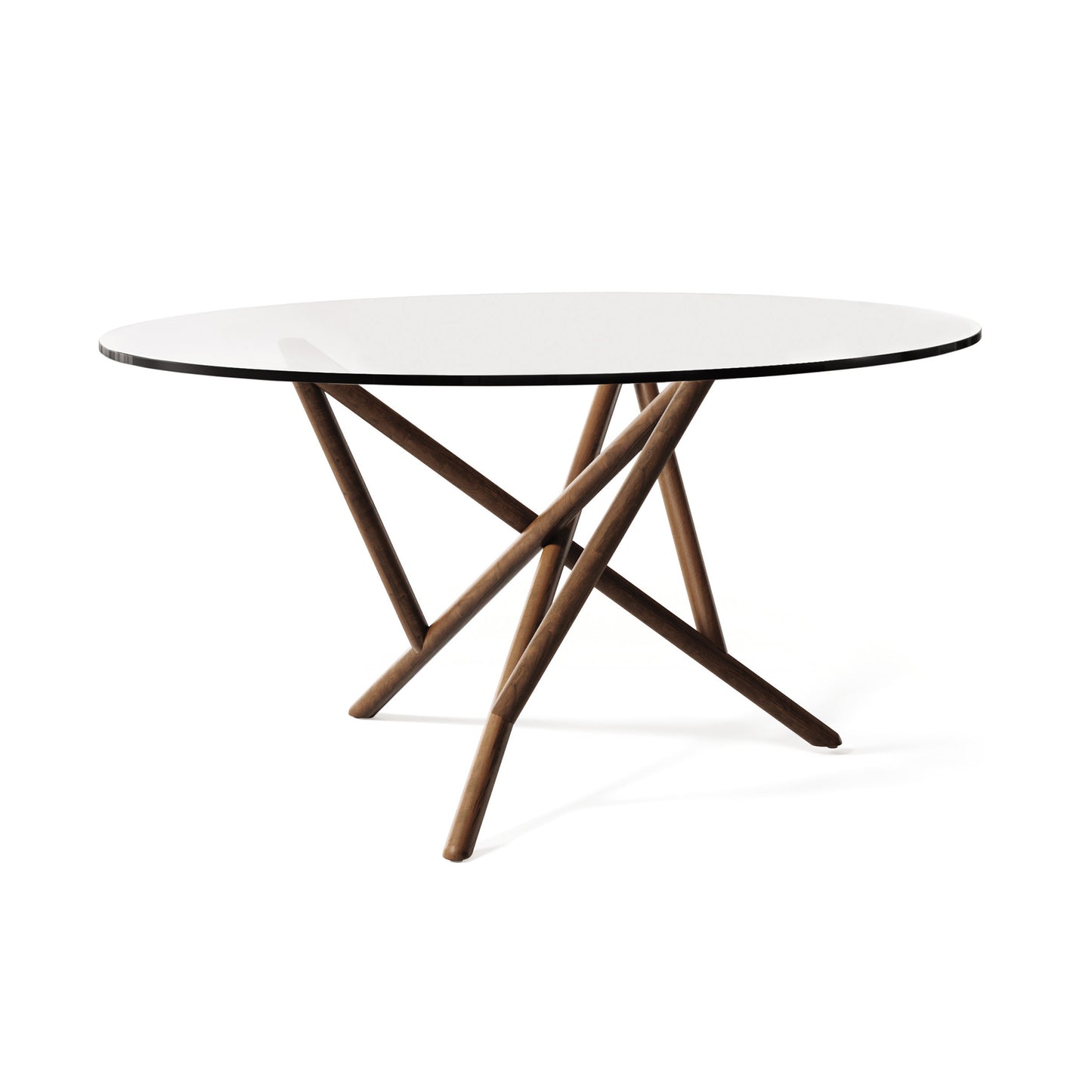 Baton Round Glass Top Table by Copeland Furniture with elegant intersecting wooden legs, highlighting American craftsmanship.