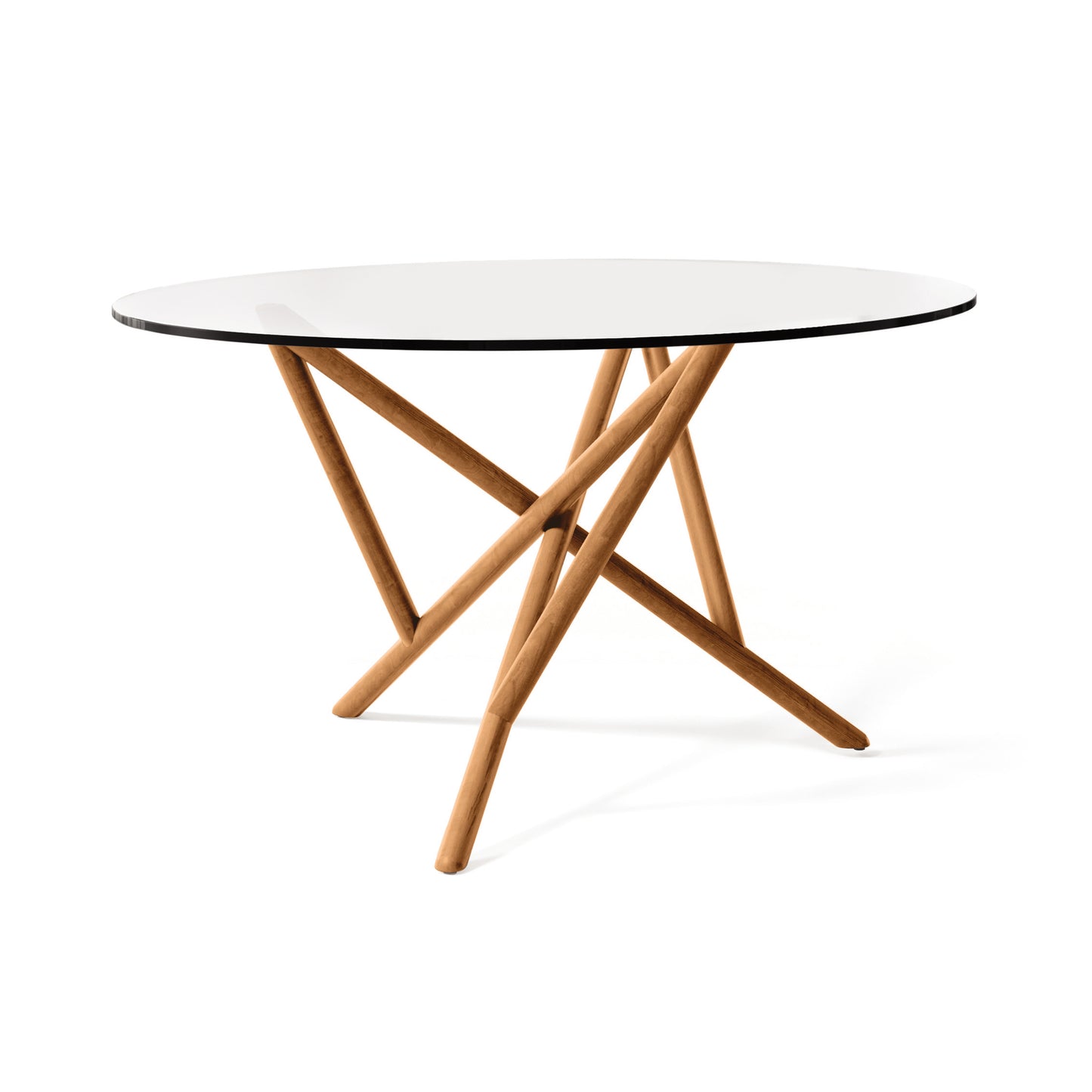 Baton Round Glass Top Table by Copeland Furniture showcasing intersecting light wood legs and a modern round glass surface, crafted in America.