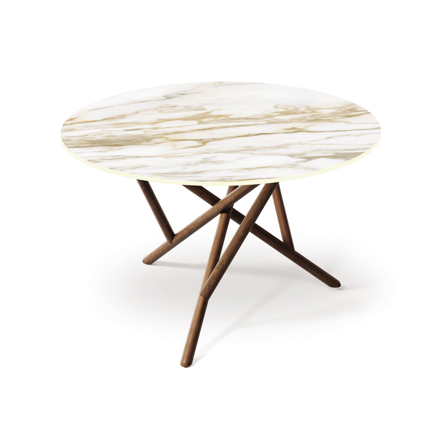 Baton Round Sintered Stone Top Table by Copeland Furniture with a white and gold top and intersecting wooden legs, crafted in Vermont.