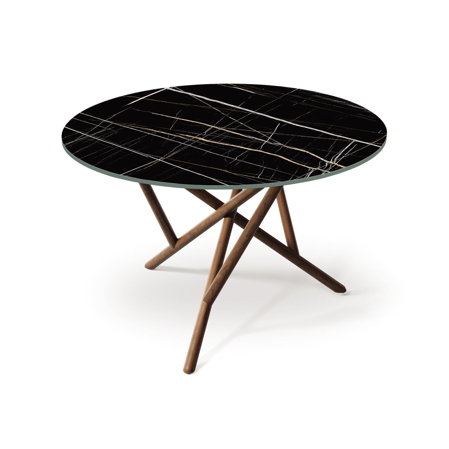 Baton Round Table by Copeland Furniture features a modern sintered stone top and intersecting wooden legs, handcrafted in America for lasting quality.