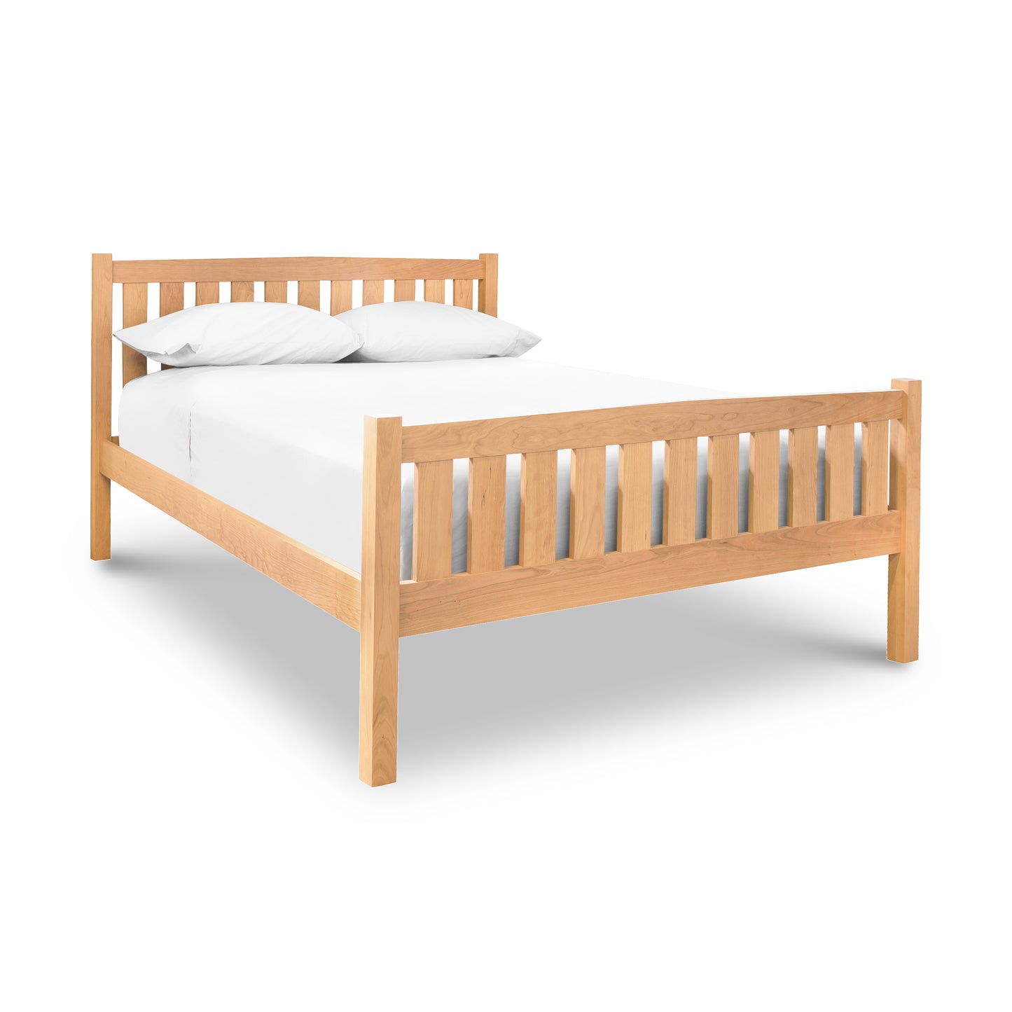Bennington Bed with High Footboard from Vermont Furniture Designs, showcasing a slatted headboard and footboard in natural wood finish.