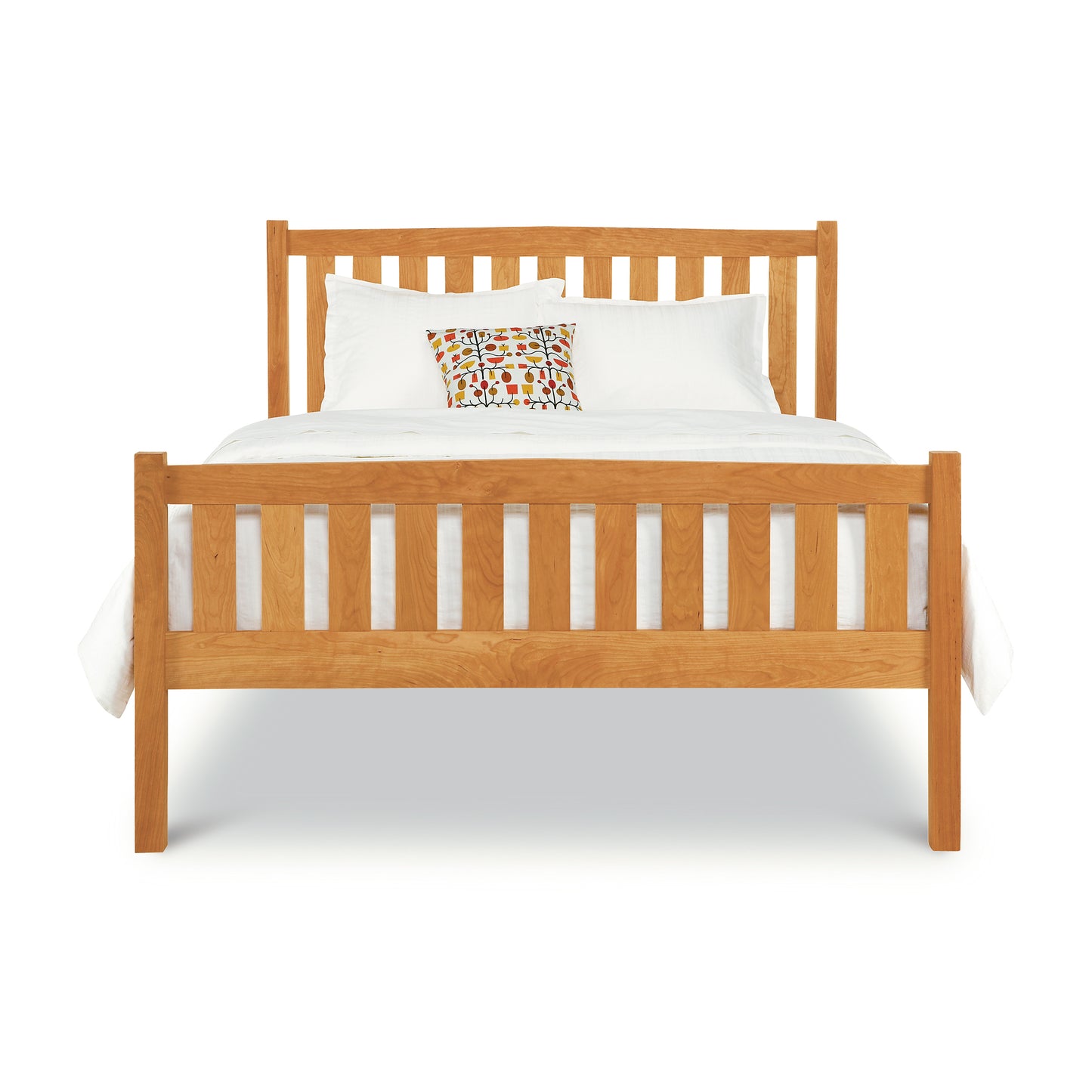 Queen size Bennington Bed with high footboard and vertical slats by Vermont Furniture Designs, shown with white bedding.