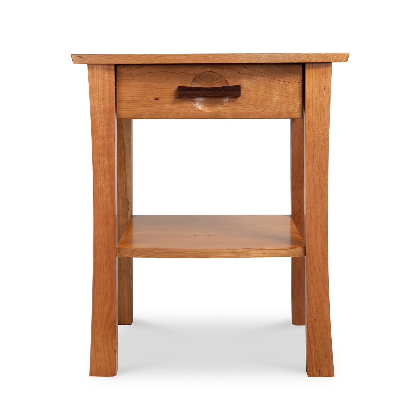 Copeland Furniture Berkeley nightstand in cherry wood featuring a single drawer and open shelf, handcrafted in Vermont.