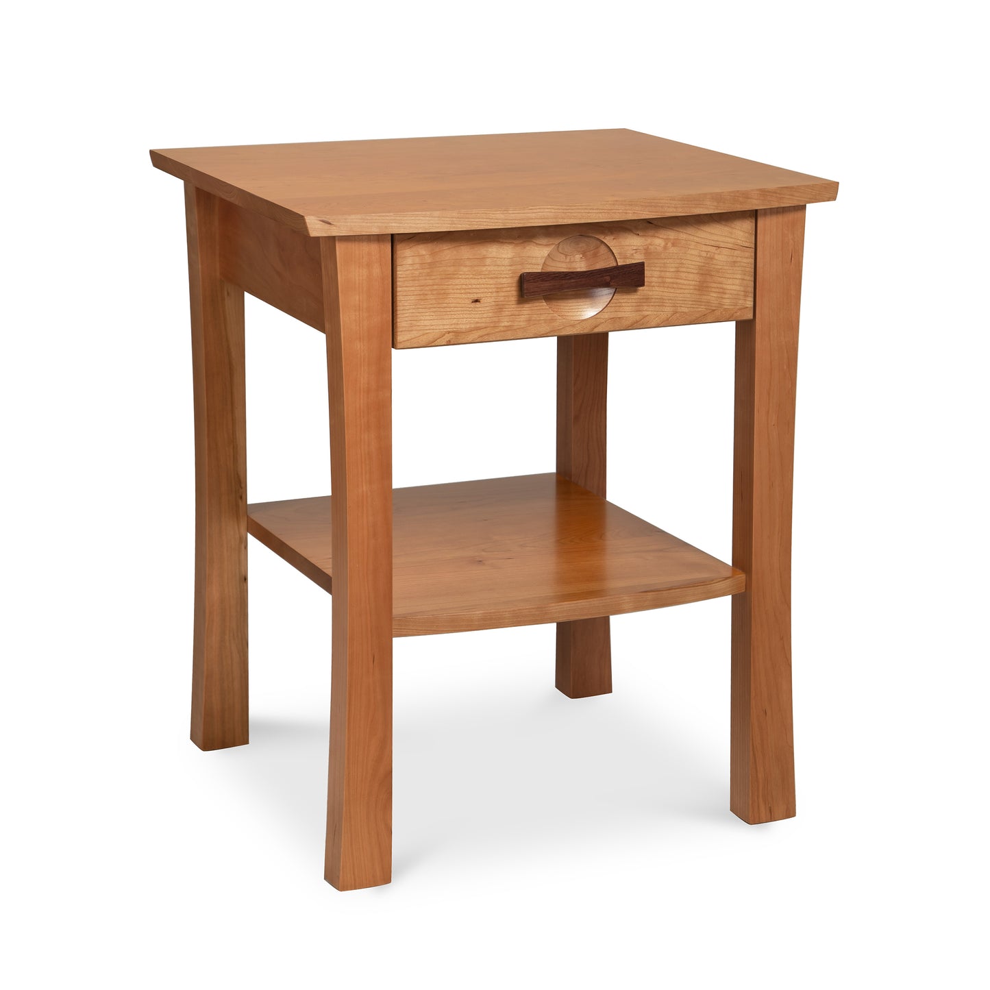 Cherry Wood Berkeley Nightstand by Copeland Furniture Featuring Drawer, Round Handle, and Open Shelf; Handmade in Vermont.