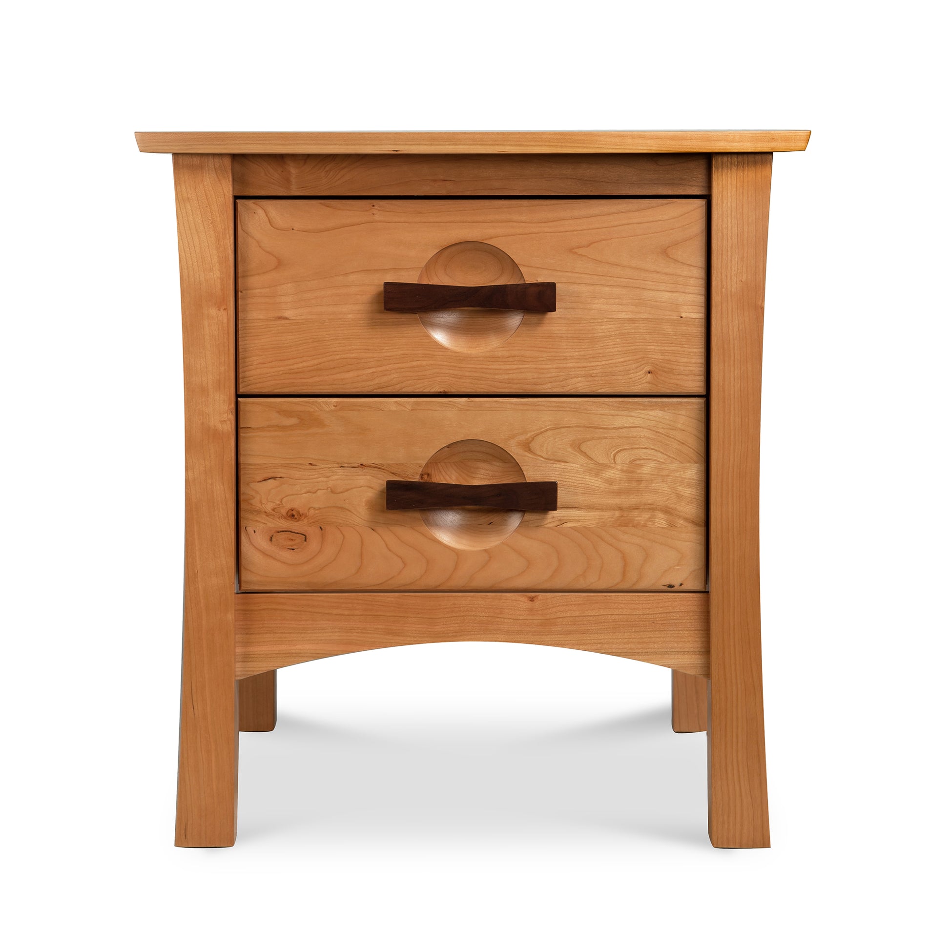 Berkeley 2-Drawer Nightstand with curved handles and natural wood grain made from sustainably harvested woods by Copeland Furniture.