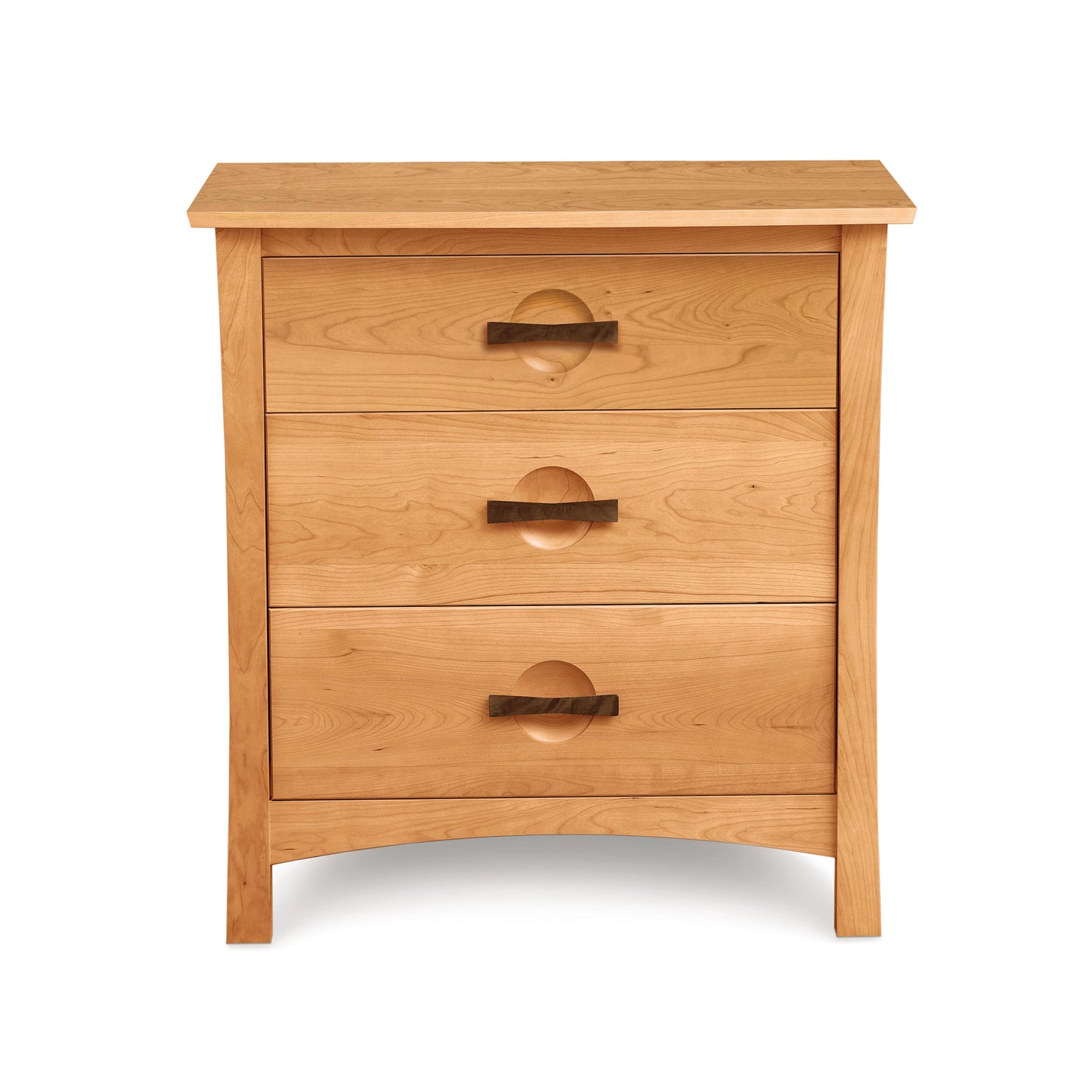 Copeland Berkeley 3-Drawer Chest with circular cutouts, horizontal handles, and elegantly curved sides.