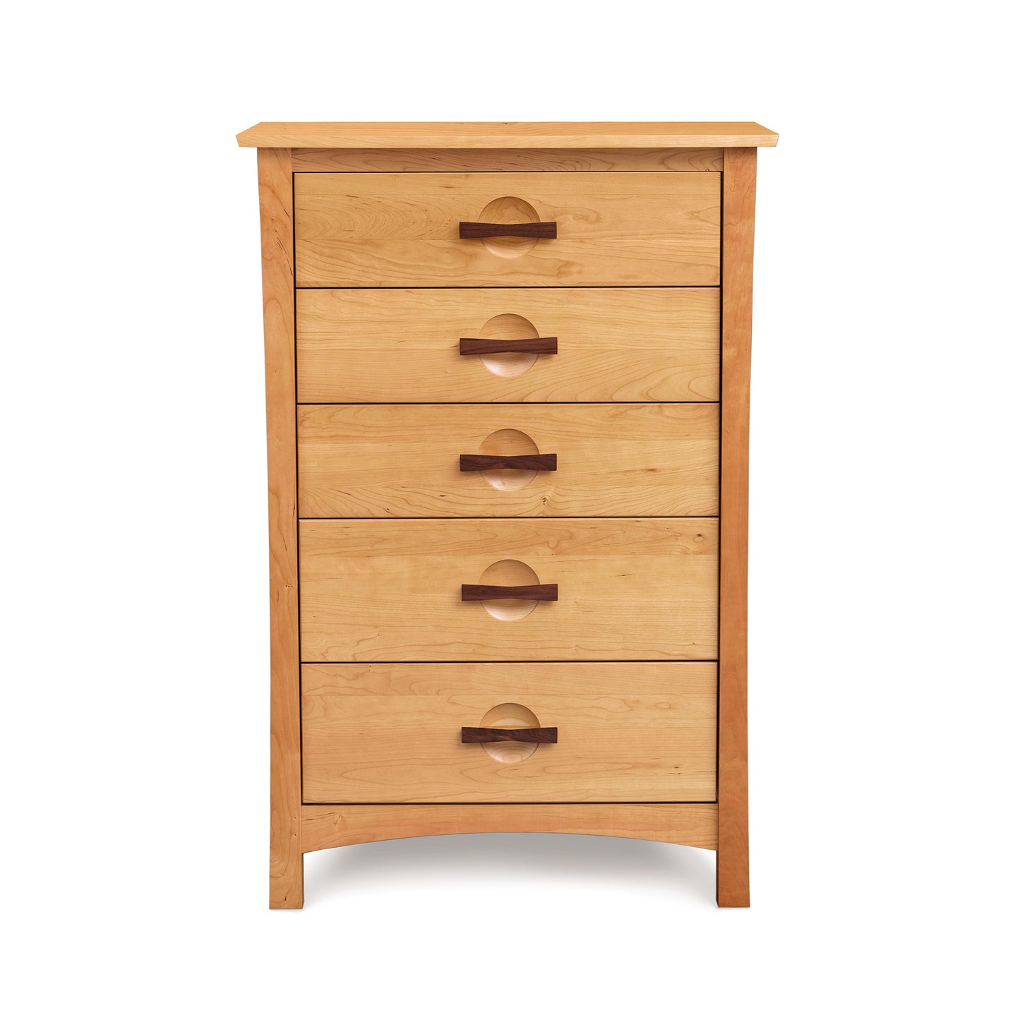 Berkeley 5-Drawer Chest by Copeland Furniture in American Arts & Crafts style featuring handmade craftsmanship and circular cutout handles.