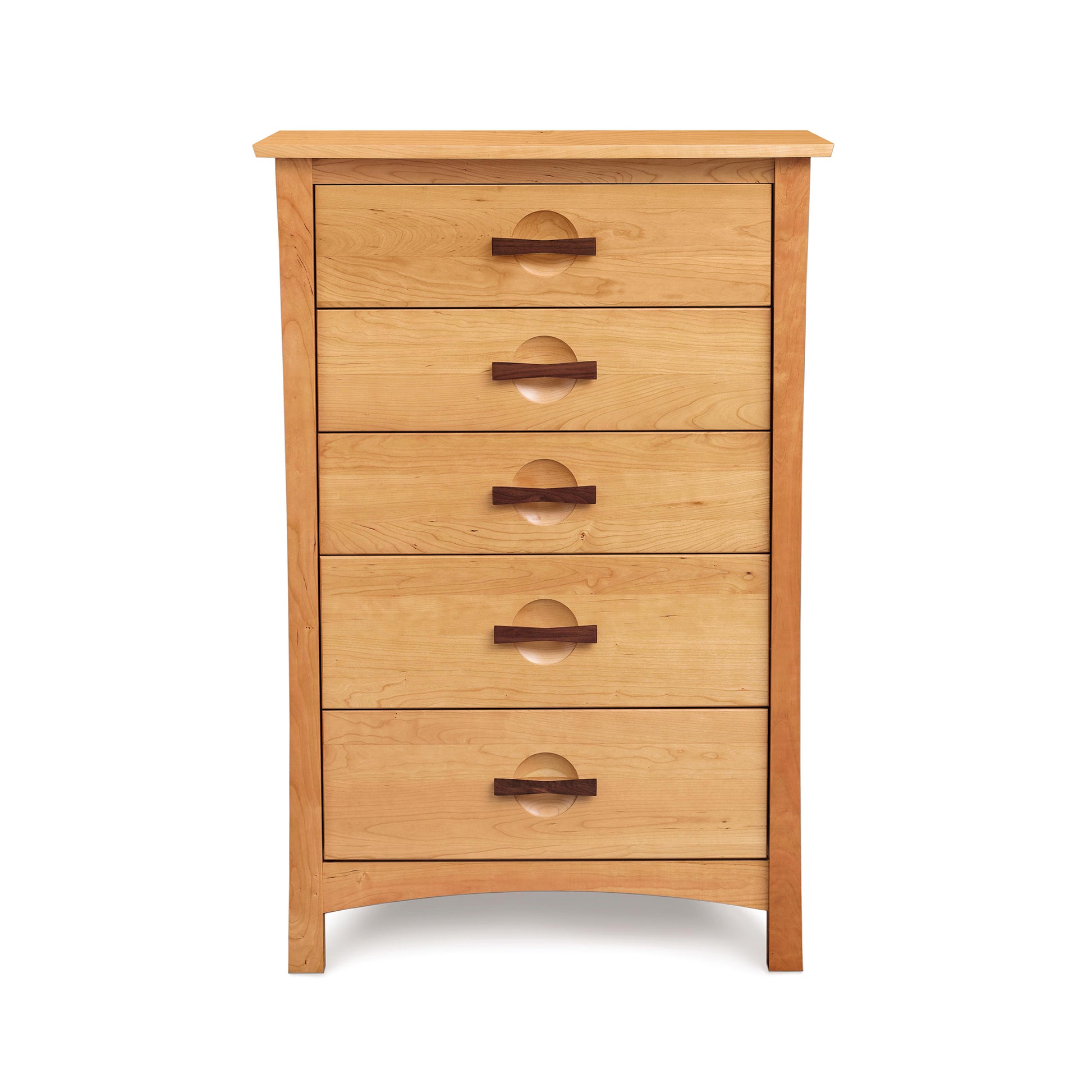 Berkeley 5-Drawer Chest by Copeland Furniture in American Arts & Crafts style featuring handmade craftsmanship and circular cutout handles.