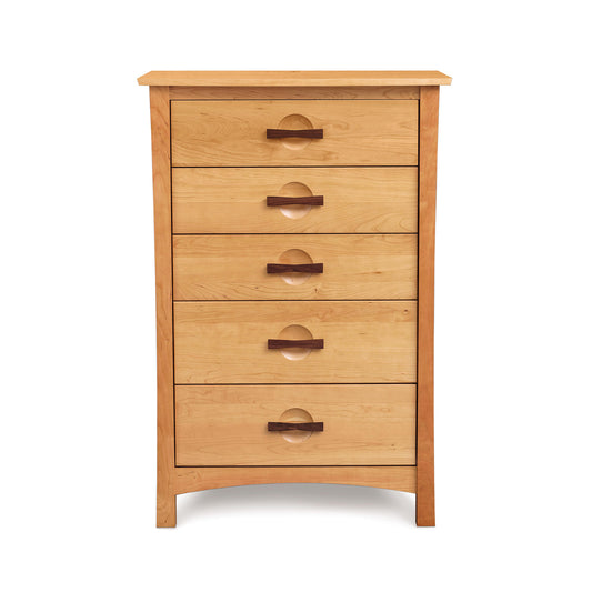 Berkeley 5-Drawer Chest by Copeland Furniture in American Arts & Crafts style featuring handmade craftsmanship and circular cutout handles.