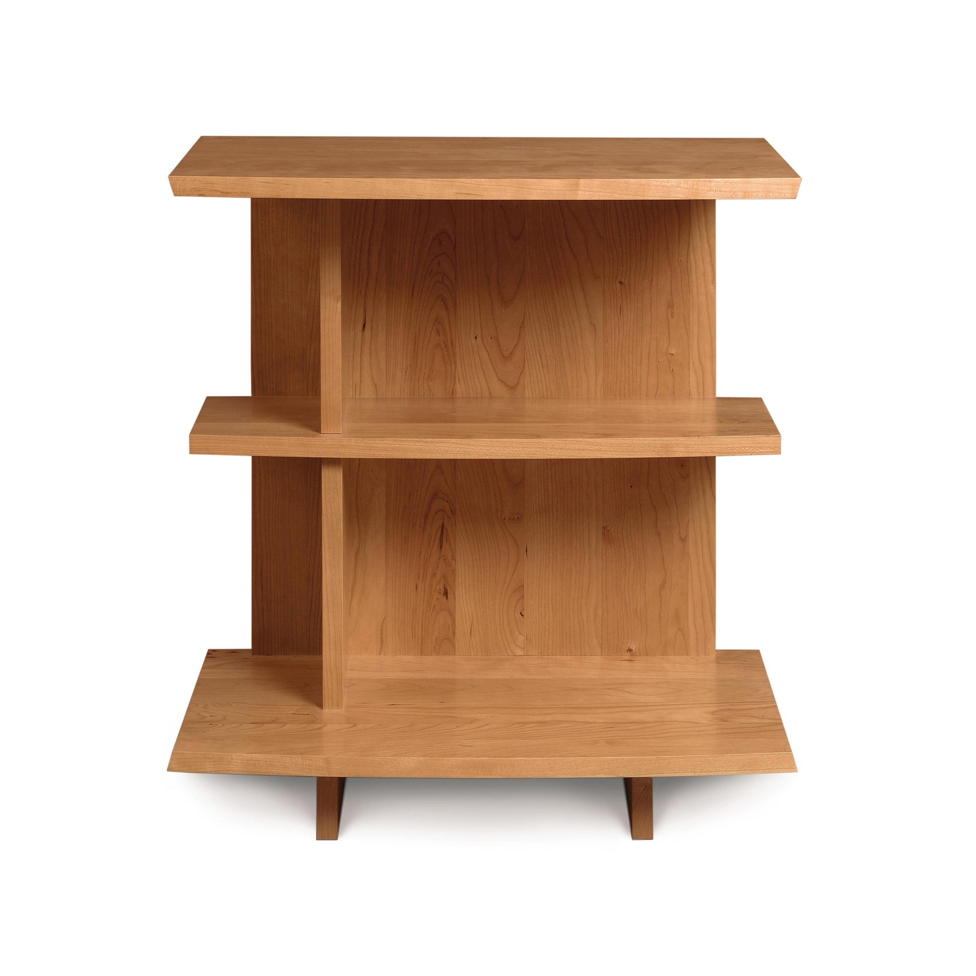 Copeland Berkeley Open Shelf Nightstand - Left, wooden with 3 minimalist shelves and vertical dividers.
