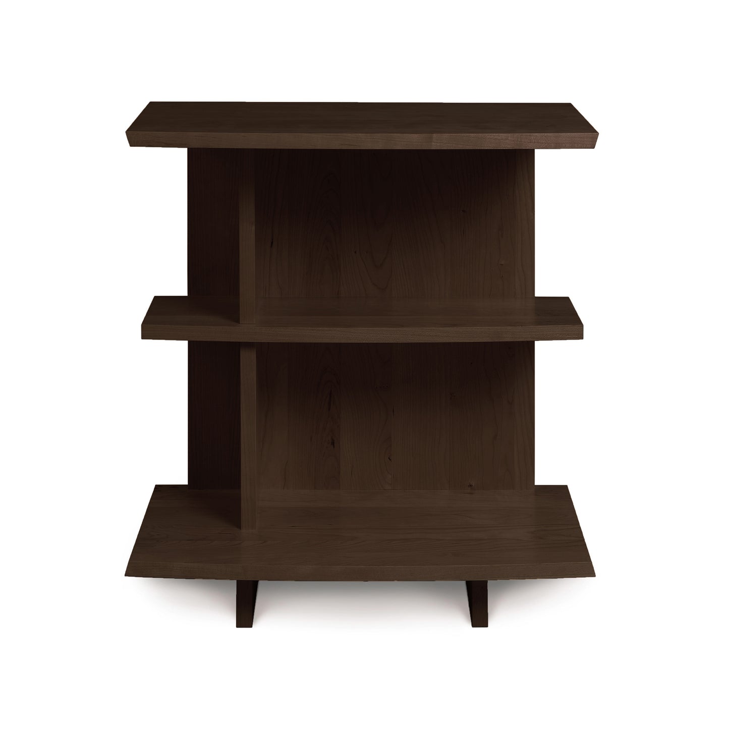 Copeland Furniture Berkeley Open Shelf Nightstand with three dark brown shelves and angular legs, showcasing Vermont-made craftsmanship.